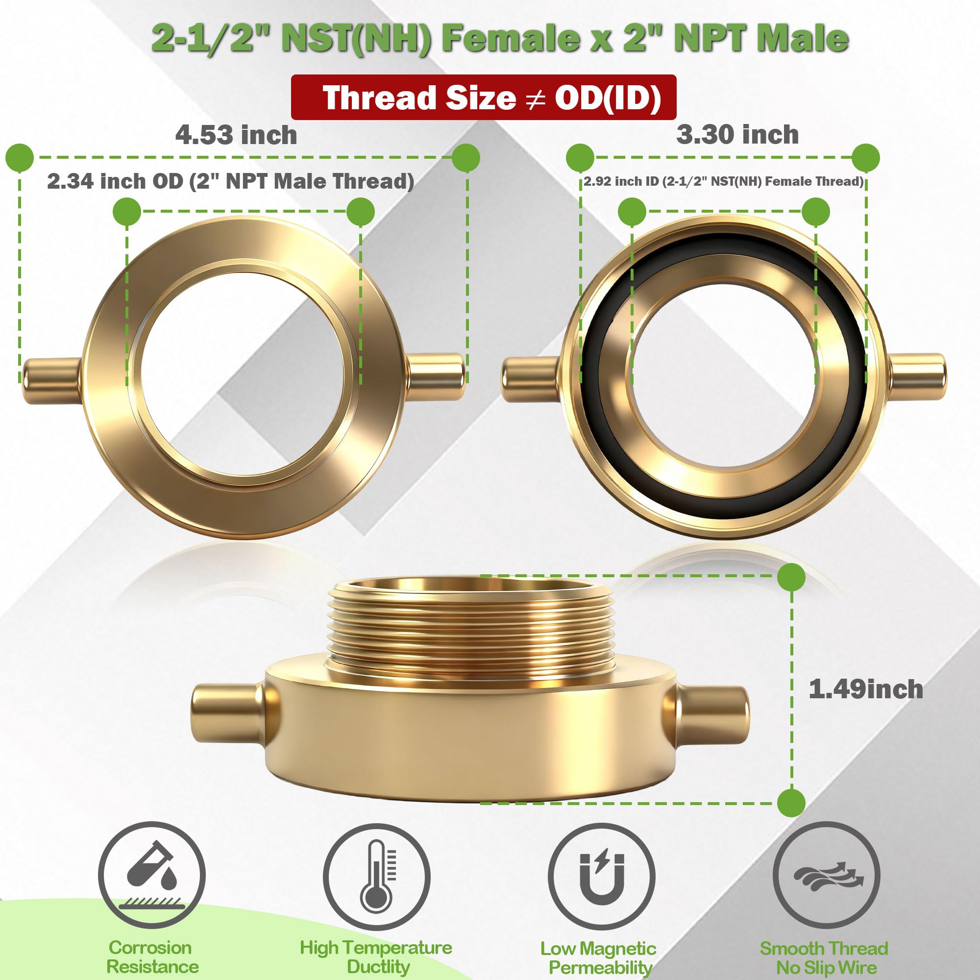 2-1/2 "NST (NH) hembra x 2 "NPT macho latón adaptador de manguera de equipo de fuego con pin Lug latón