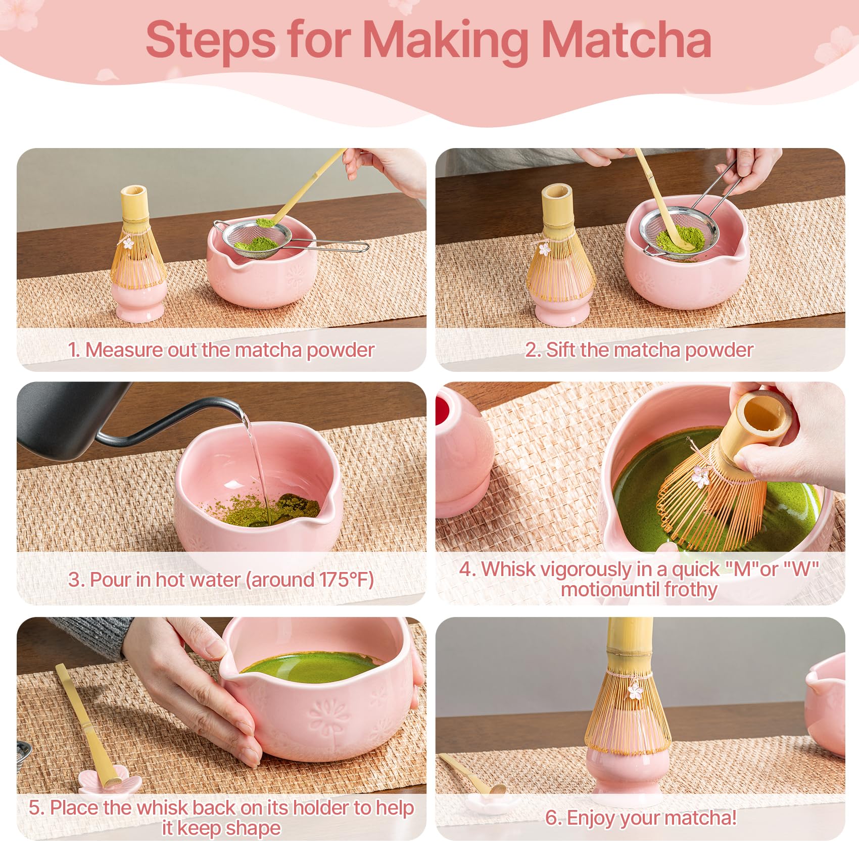 TIZU Set da tè Matcha, 8 pezzi, set con frusta, ciotola con beccuccio, paletta, cucchiaio, setaccio, porta frusta, regalo tradizionale giapponese per gli amanti del tè matcha (rosa)