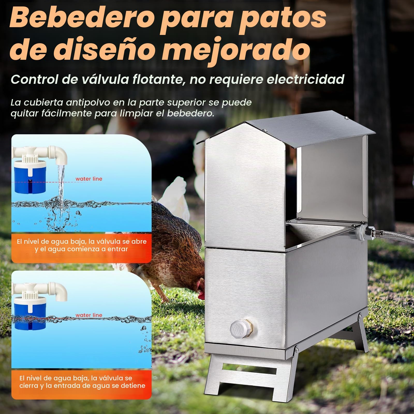 Bebedero automático de 6 l para gallinas de acero inoxidable, dispensador con válvula de flotador y soporte de pedalier, bebedero para gallinas, patos, gansos y pavos