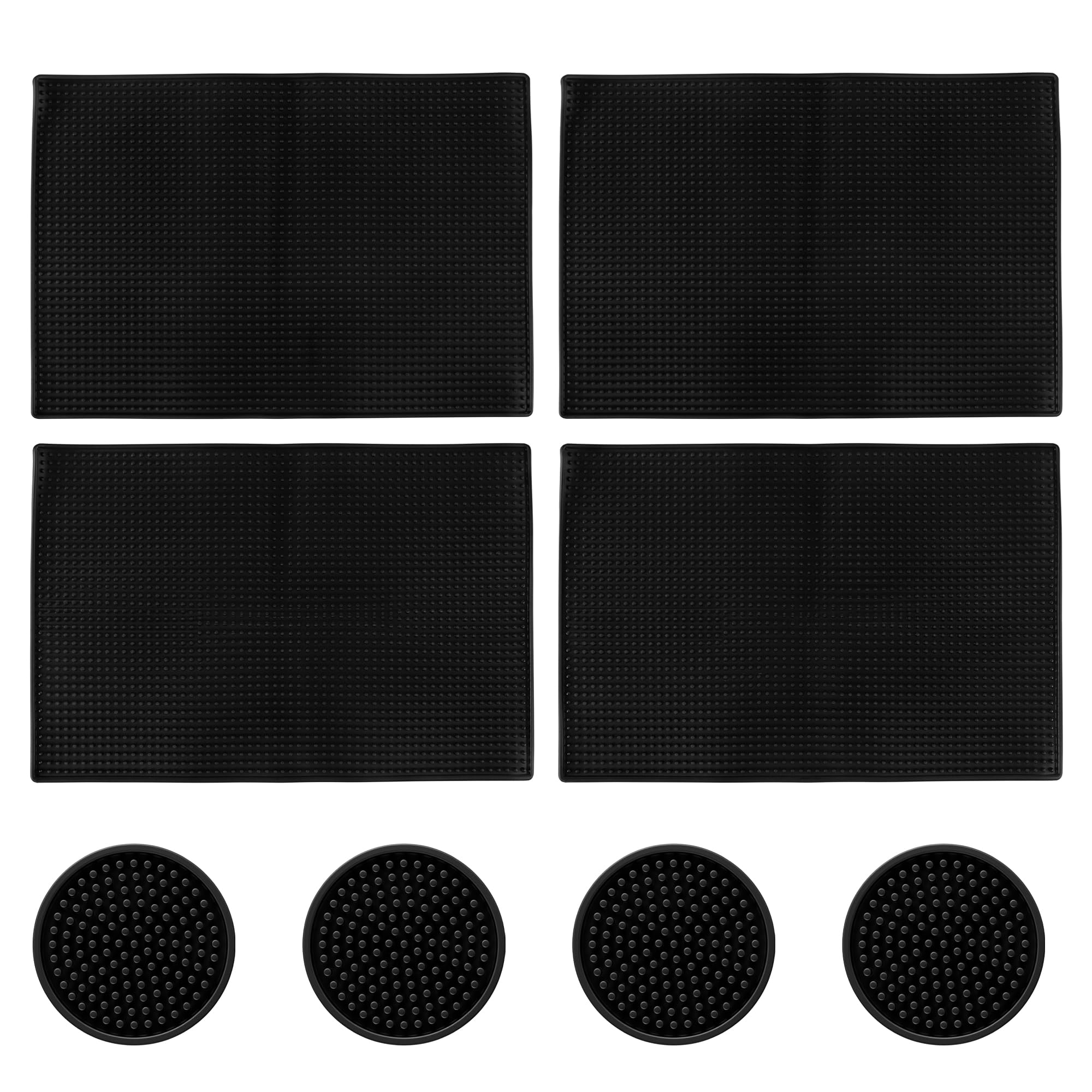 4 tappetini da bar in PVC, 45 x 30 cm, colore nero, per stoviglie, con 4 sottobicchieri rotondi da 10 cm, accessori per bar e cucina