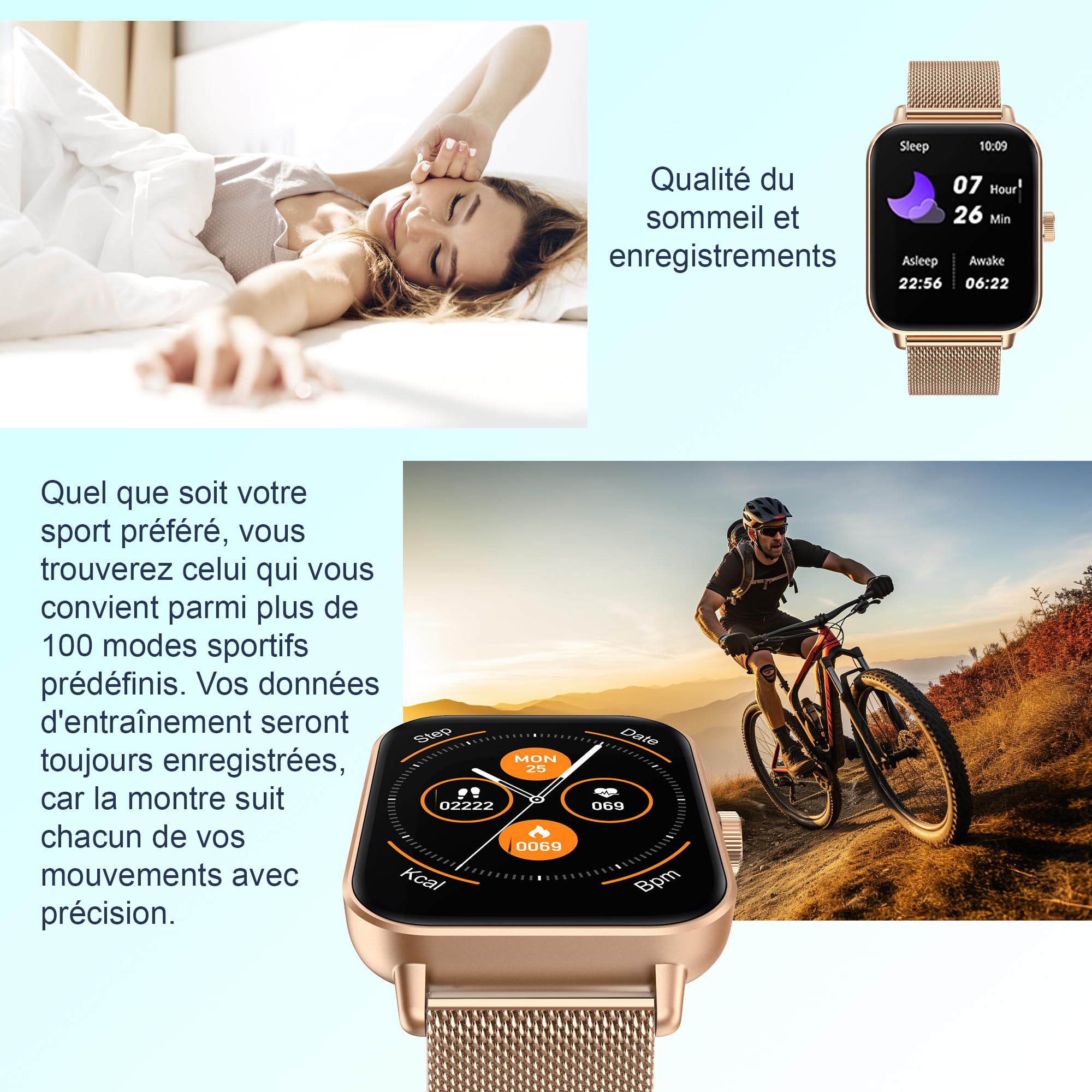 Digitec Montre connectée Square dorée-Rose avec Bracelet en Acier Maille milanaise dorée-Rose, Homme Femme, Suivi activité et Sommeil