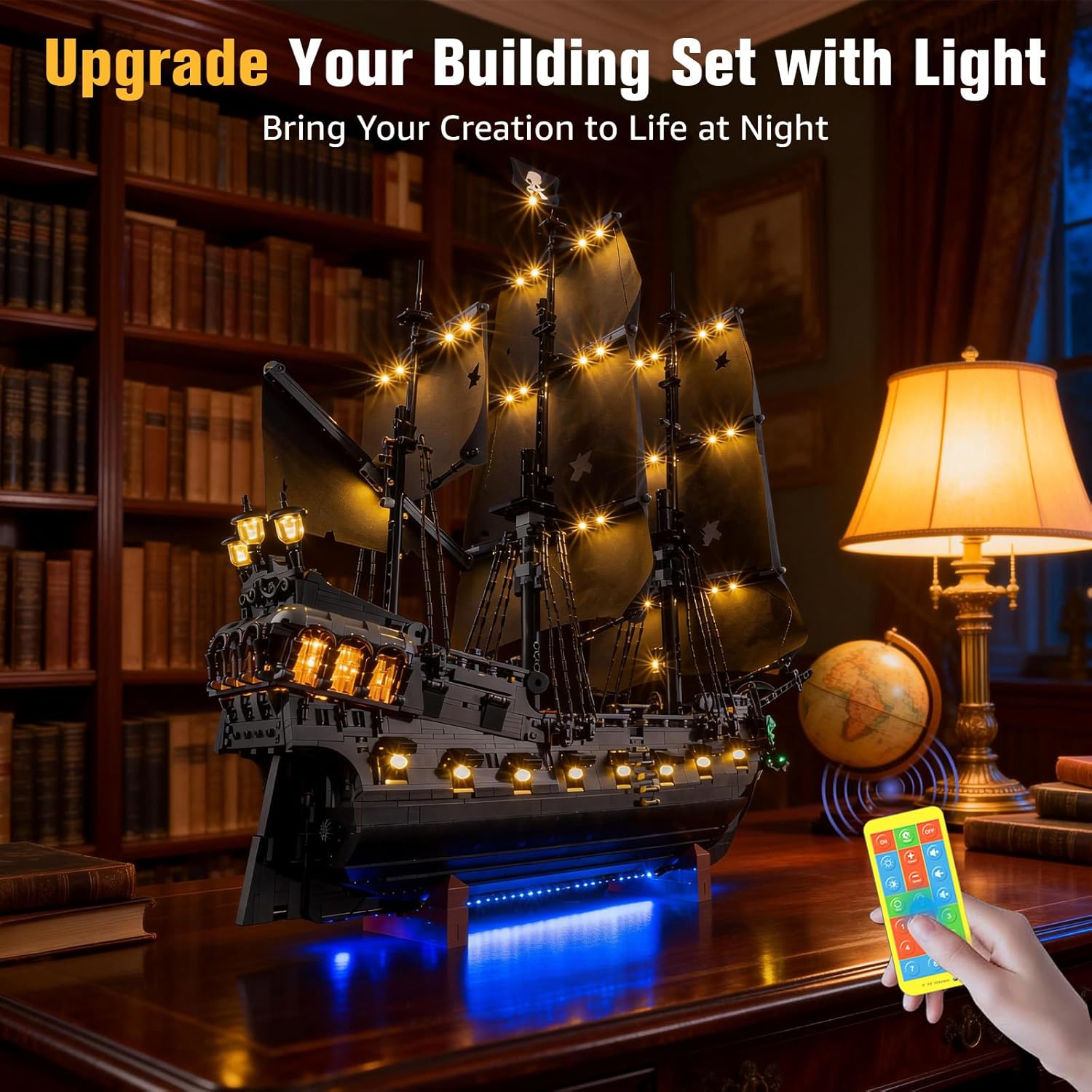 Illuminated Lego Captain Jack Sparrow's Pirate Ship model with a remote control in hand, demonstrating the lighting effect.