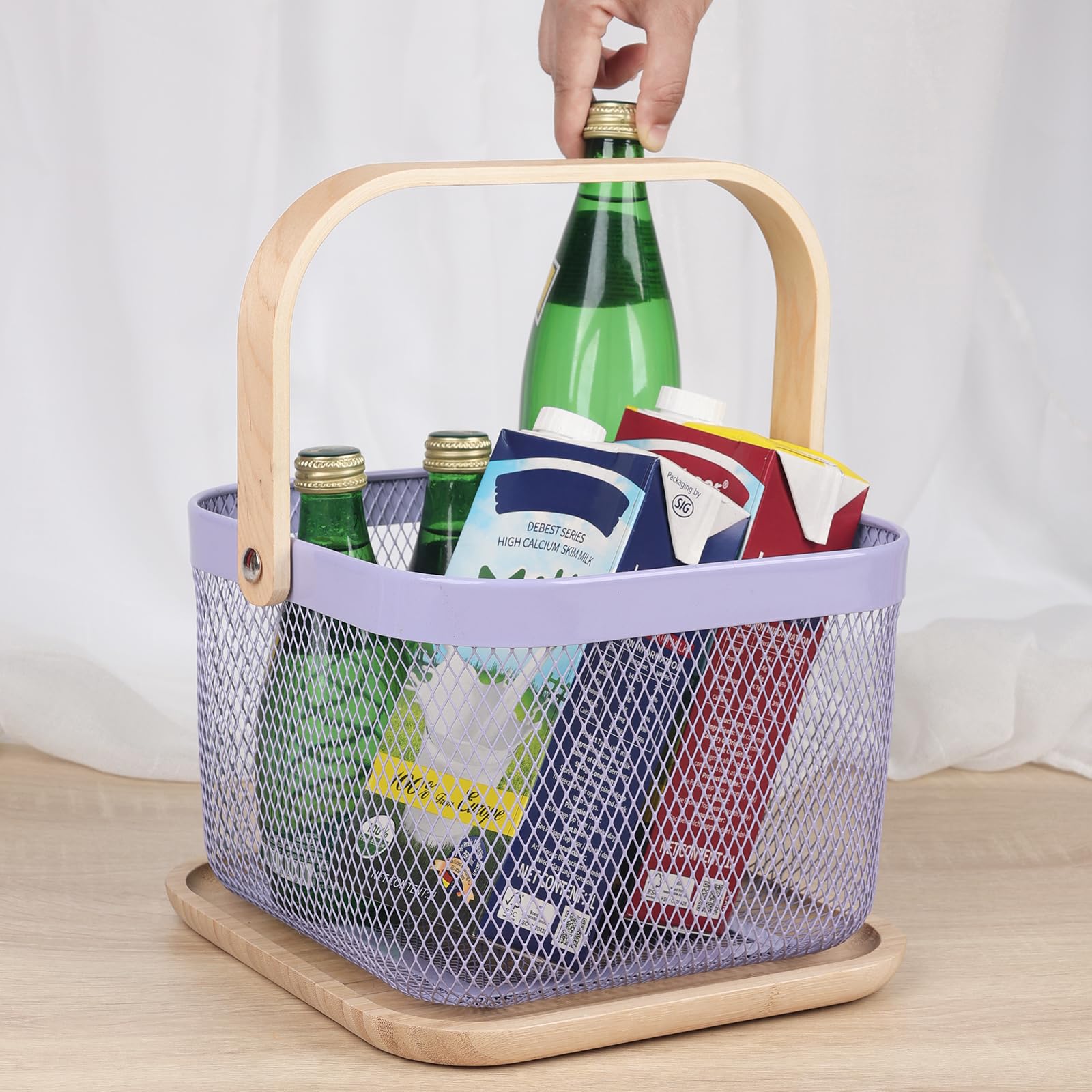 PHIROWN Metal Mesh Steel Basket, Metal Wire Baskets for Storage Organizer, Kitchen Baskets Fruit Basket with Bamboo Tray & Birch Handle for Kitchen, Bathroom, Pantry, Cabinet Home, Shopping, Purple