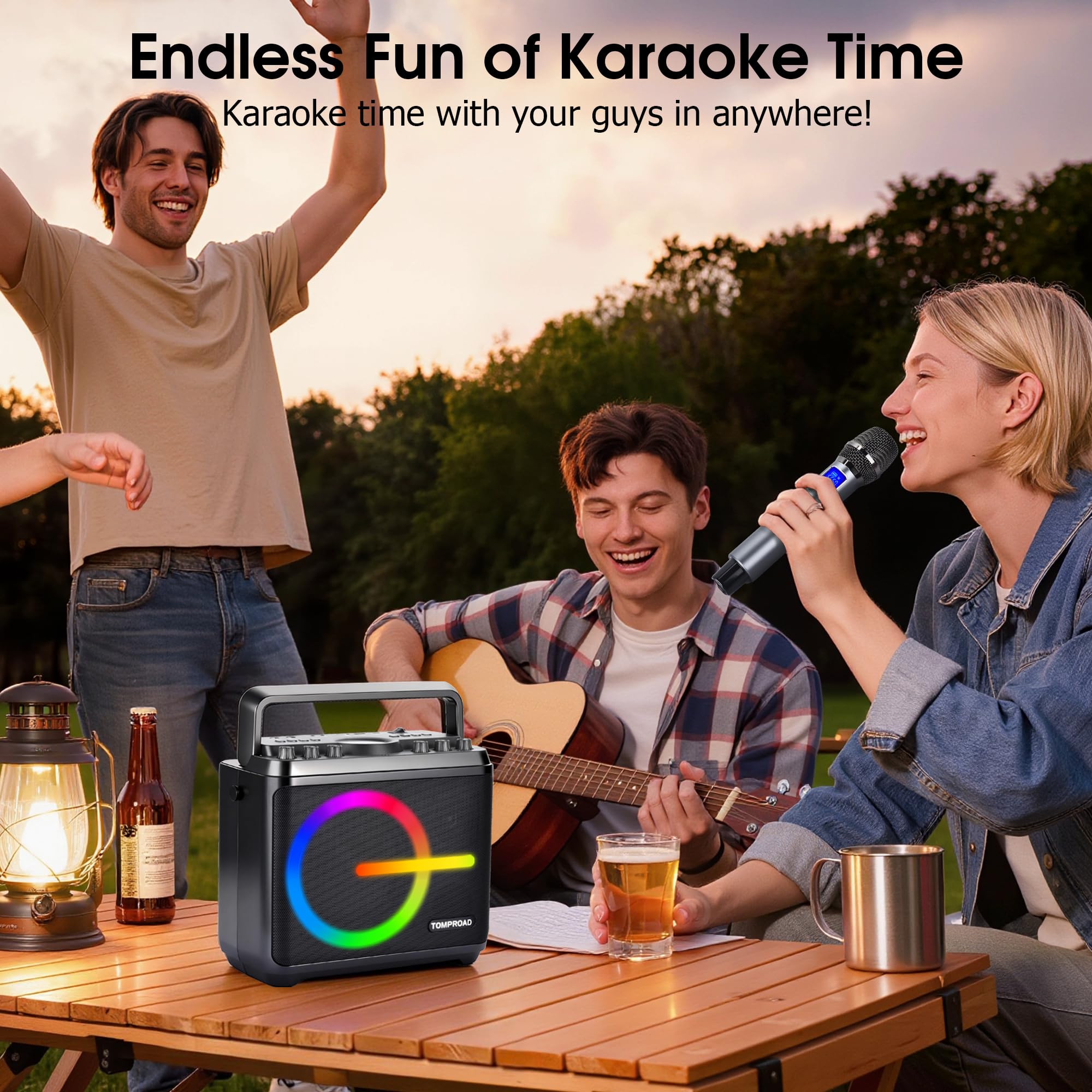Macchina per karaoke, altoparlante Bluetooth con 2 microfoni wireless, sistema PA portatile per adulti e bambini con luci LED, regolazione dei bassi/acuti, scheda TF/USB, REC per feste a casa(nero)