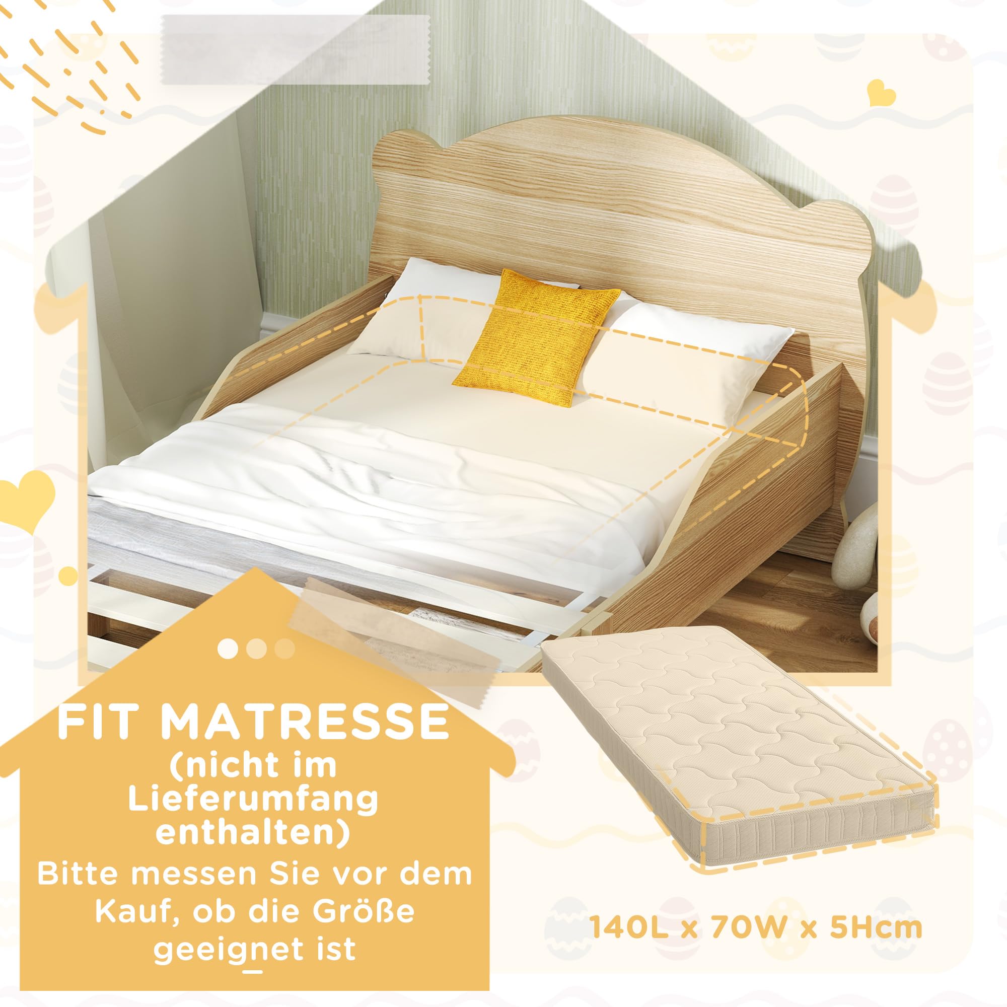 AIYAPLAY Kinderbett mit Rausfallschutz Lattenrost 140 x 70 cm Jugendbett mit Bären-Design Einzelbett für Mädchen und Jungen Naturholz