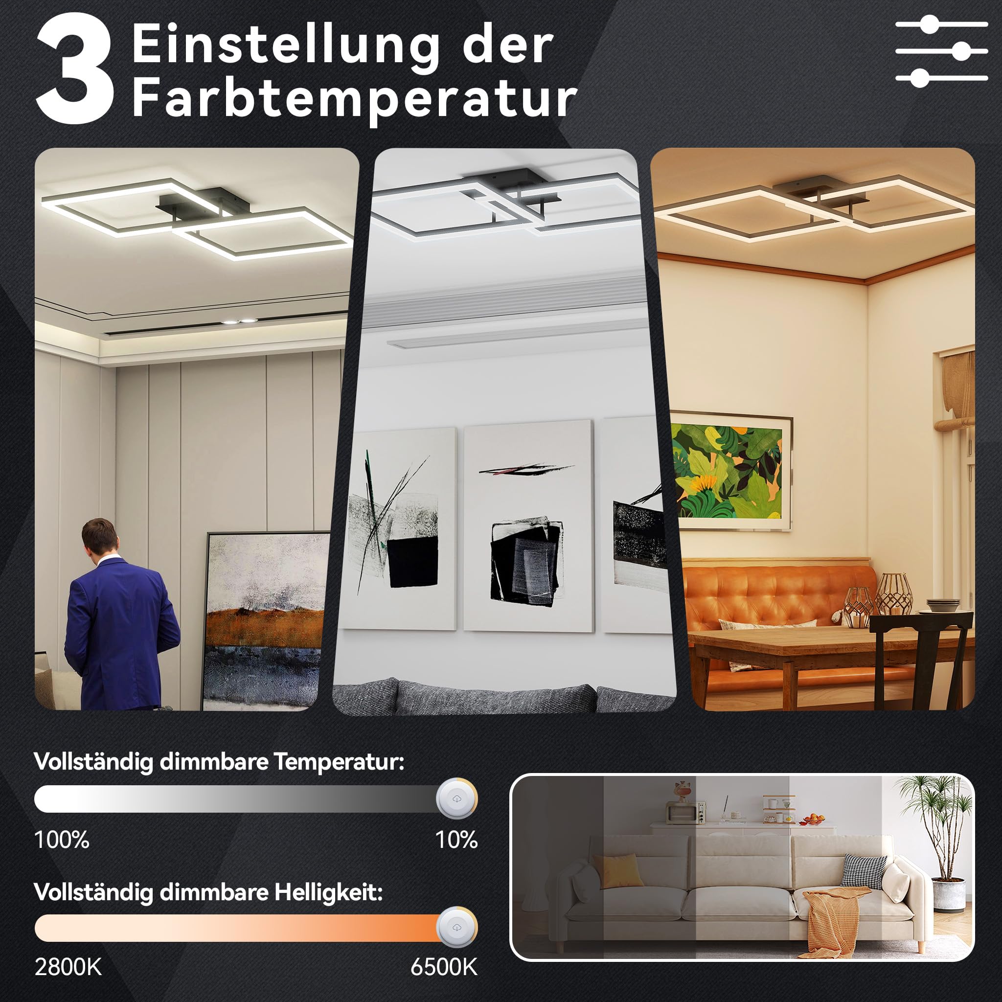 Froadp Nowoczesna lampa sufitowa LED, ściemniana, 60 W, czarna, 40 cm, kwadratowa lampa sufitowa z pilotem zdalnego sterowania, 2800-6500 K, IP44, energooszczędna, do sypialni, kuchni, biura