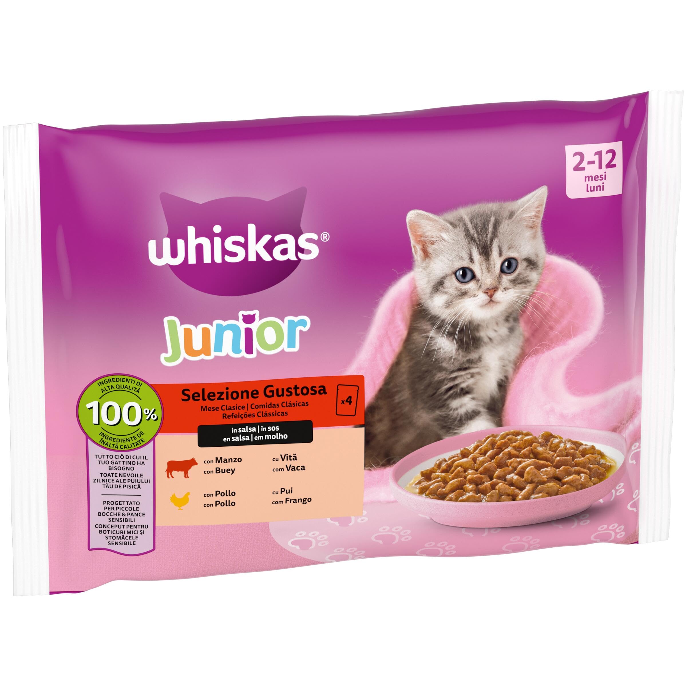 WHISKAS Duo Comida húmeda en Salsa Gatos júnior Comb. clásicas - 13 x 4 bolsitas x 85g