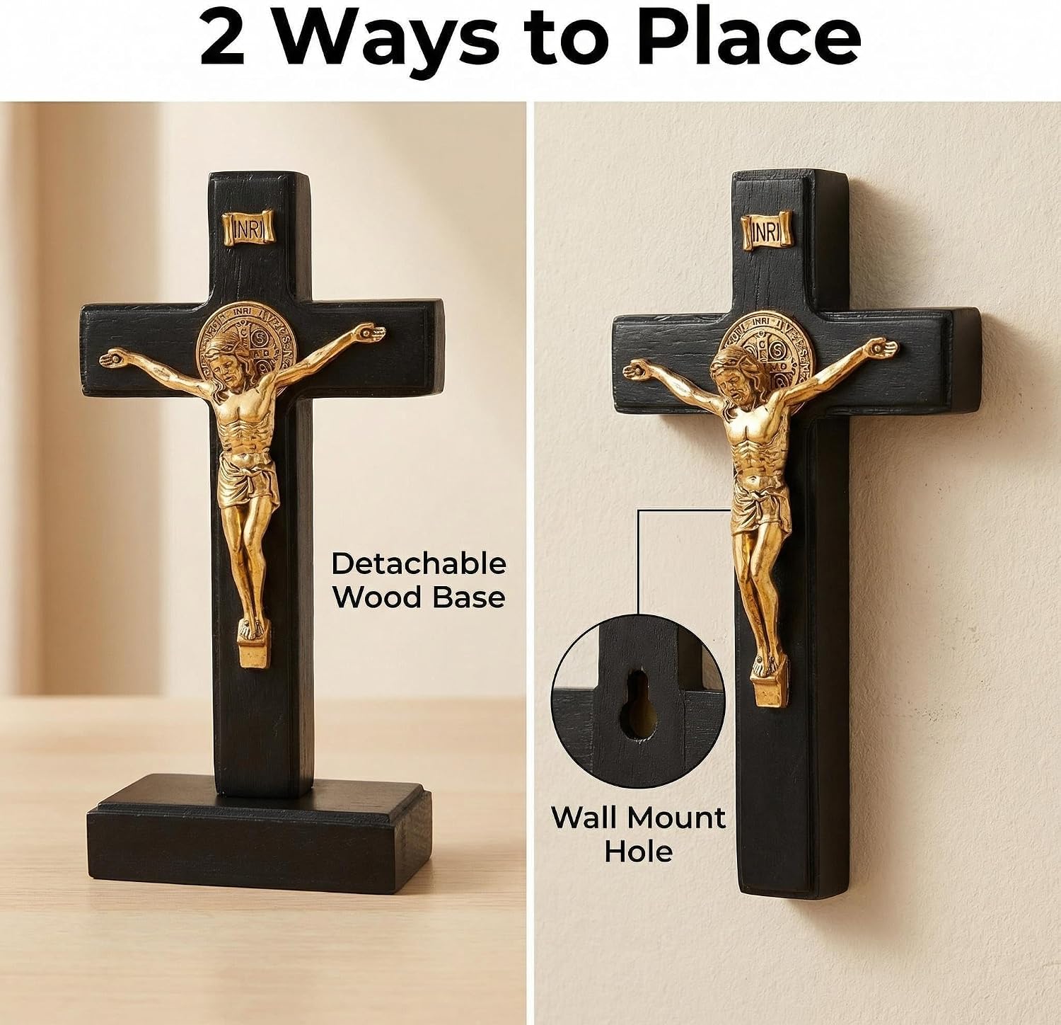 PHYUKEY Wooden Wall Cross with Jesus Christ Small 5.5in Standing Crucifix with Detachable Stand for Wall Hanging or Tabletop Display, Christian Gift & Catholic Home Decor