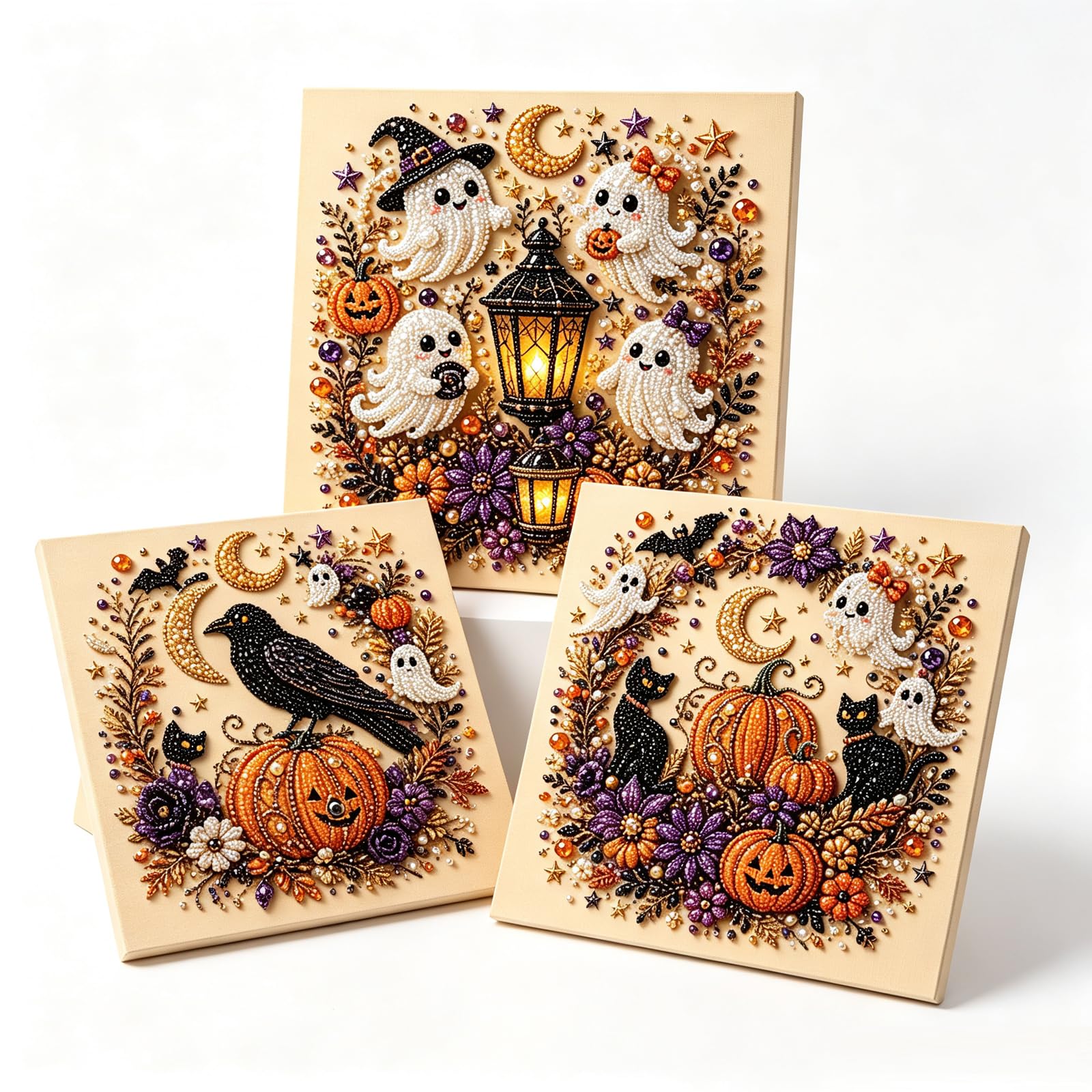 3Pcs Halloween Pearl DIY Art Kit, Pearl Art Kits for Adults Halloween Ghost
