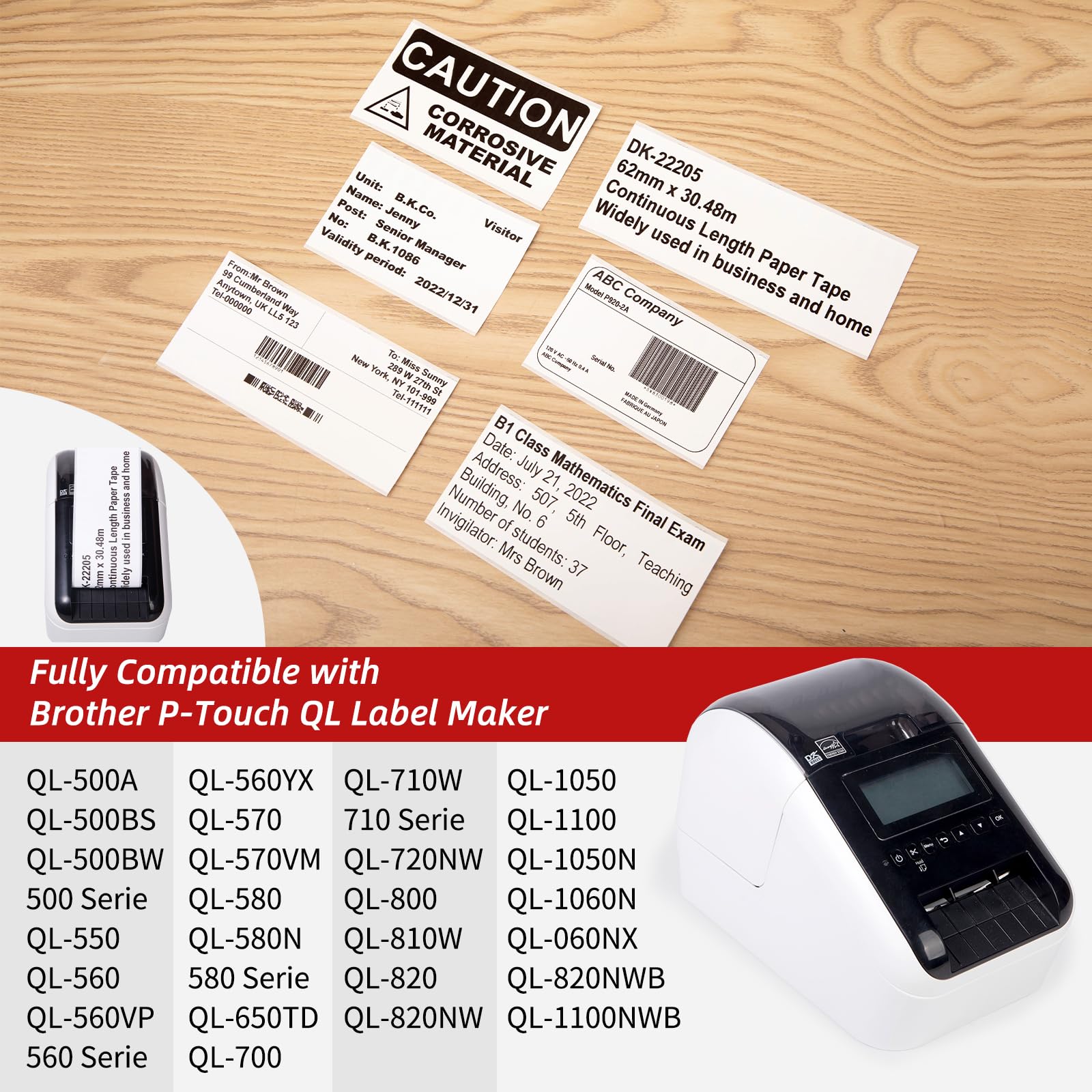 10x DK-22205 Compatible avec Brother P-Touch Endlosetiketten 62mm x 30,48m