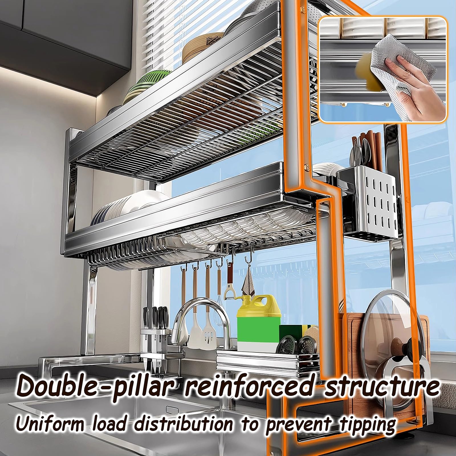 Scolapiatti da Appoggio per Lavello in Acciaio Inox Portaposate Scolaposate di Grande Capacità Organizer Cucina Salvaspazio per Piccoli Spazi, Appartamenti, Casa(56 * 26 * 55cm)