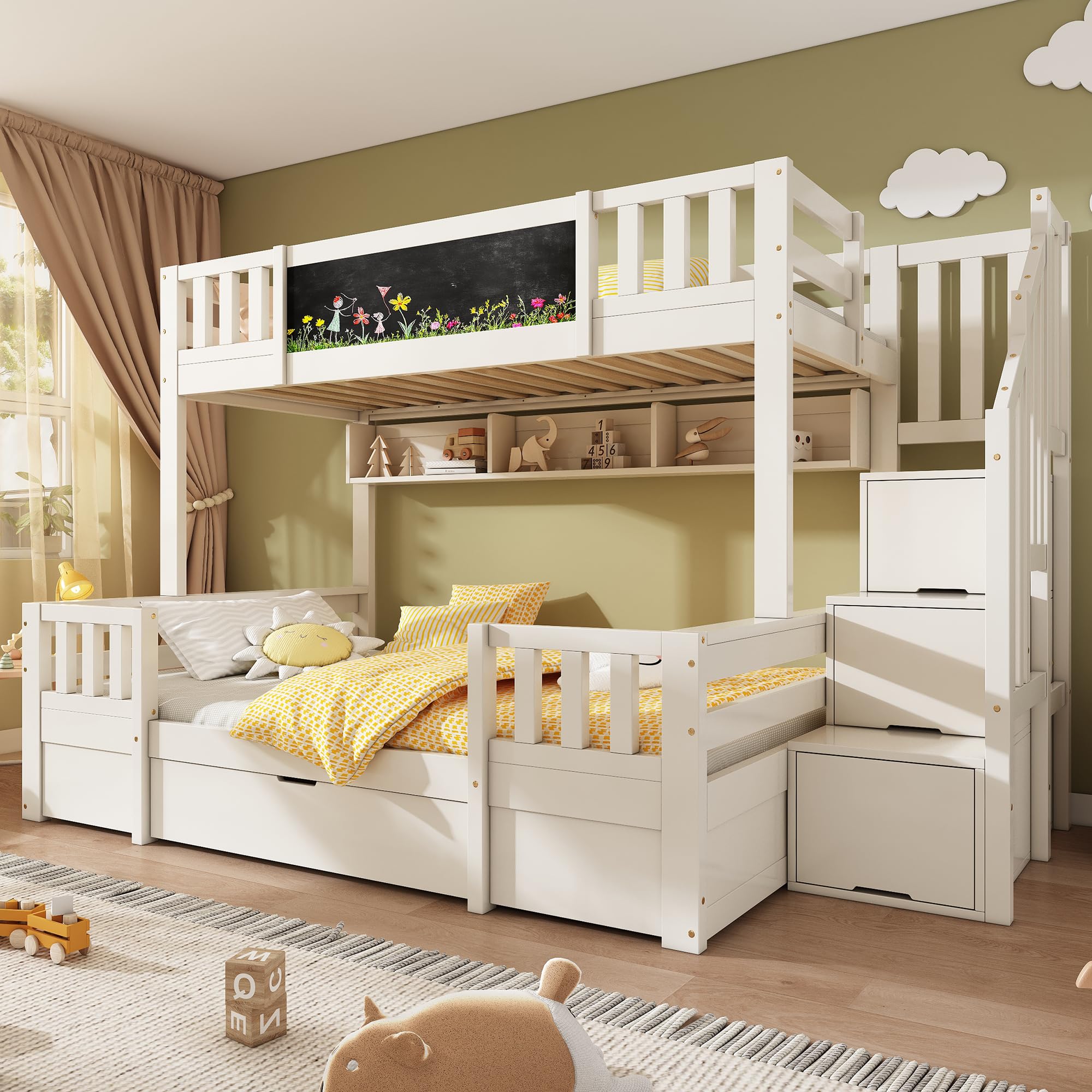 Sapgaks Lit superposé Enfants en Bois Massif 90/140x200 avec Tableau Noir, échelle de Rangement, 2 tiroirs,lit Enfant,Cadre de lit 2 Personne avec Garde-Corps et sommier à Lattes (A-Blanc)