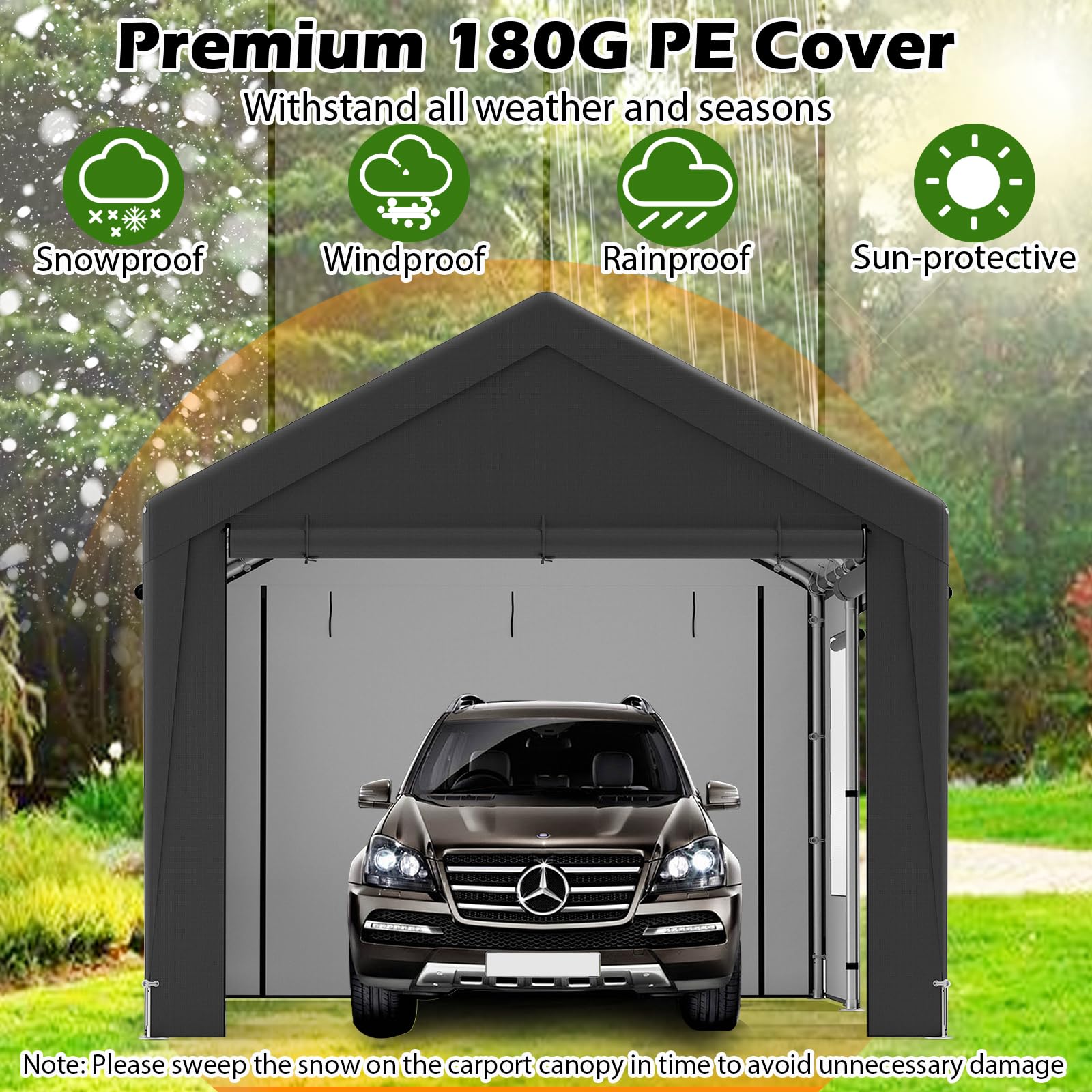 SOARS Carpa de Garaje 300 x 595 x 280, Tienda de campaña con 8 Paredes Laterales extraíbles, Marco de Metal, Paneles de Ventanas de Polietileno, Puertas enrollables, Refugio para Garaje, Incluye