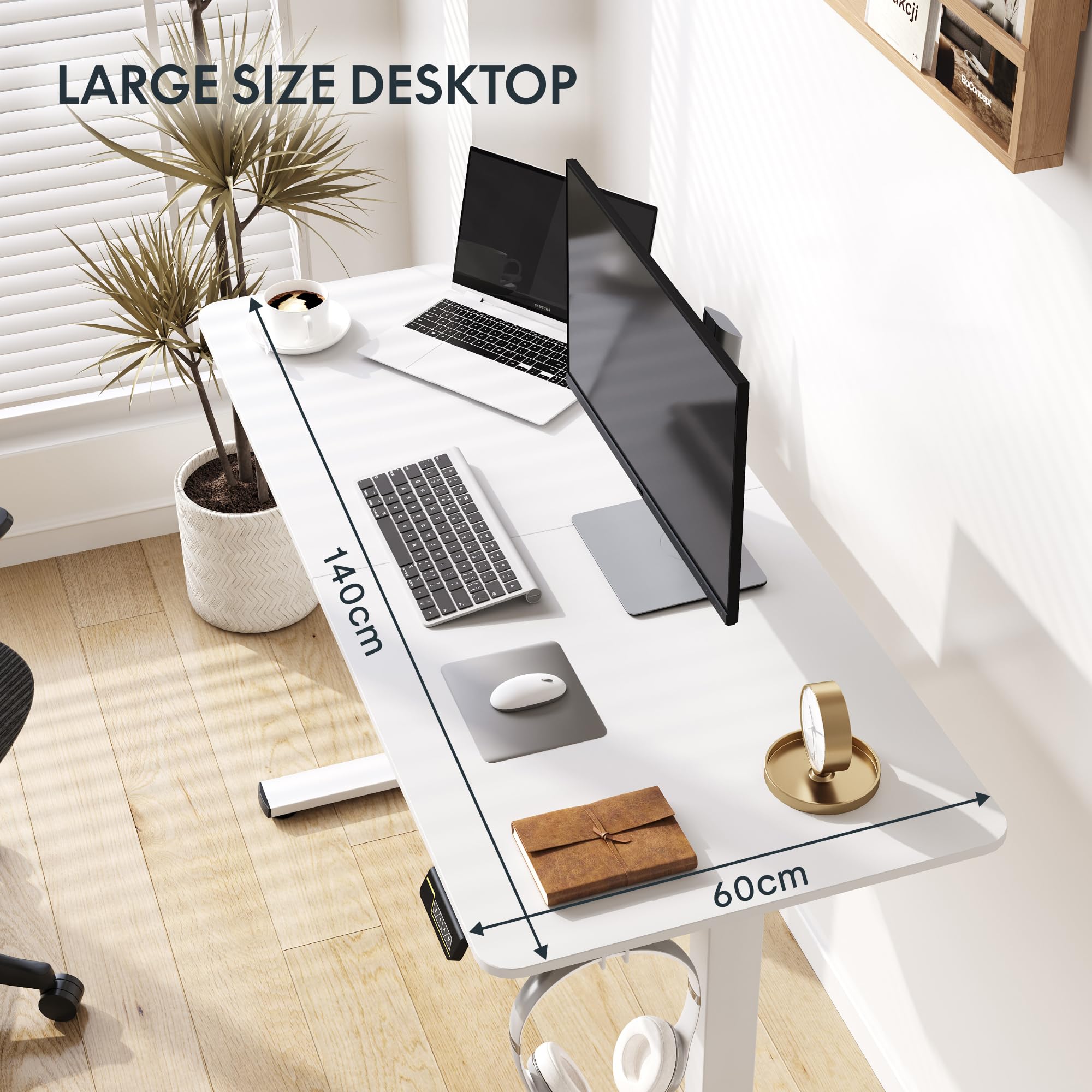 FLEXISPOT 140X60cm Escritorio Elevable Eléctrico con Tablero, con Gancho y Portavasos, Standing Desk, Mesa Elevable Escritorio de Elevable con Memoria Inteligente para Oficina y Hogar(Blanco)