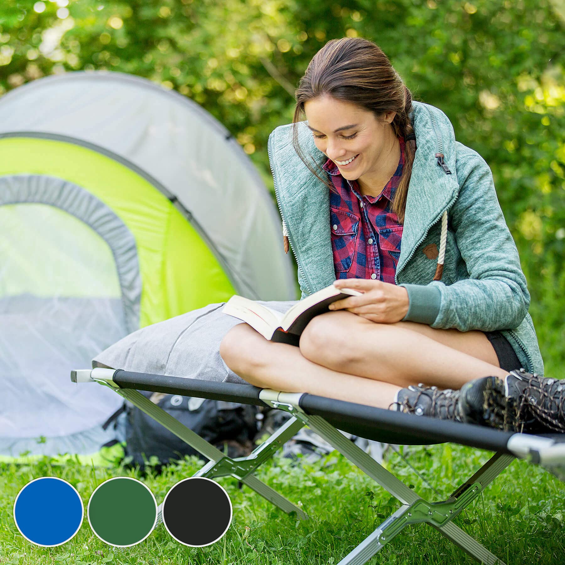 tectake® XL Alu Feldbett klappbar mit Transporttasche, Campingbett, Campingliege faltbar leicht, Camping Bett belastbar bis 150 kg, Zeltbett, Camping Bed, Feldbett 2 Personen