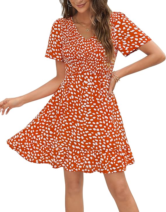 Annebouti Women's 2023 Summer Short Flutter Sleeve V Neck Ruffle Floral/Swiss Dot Smocked Mini Dress