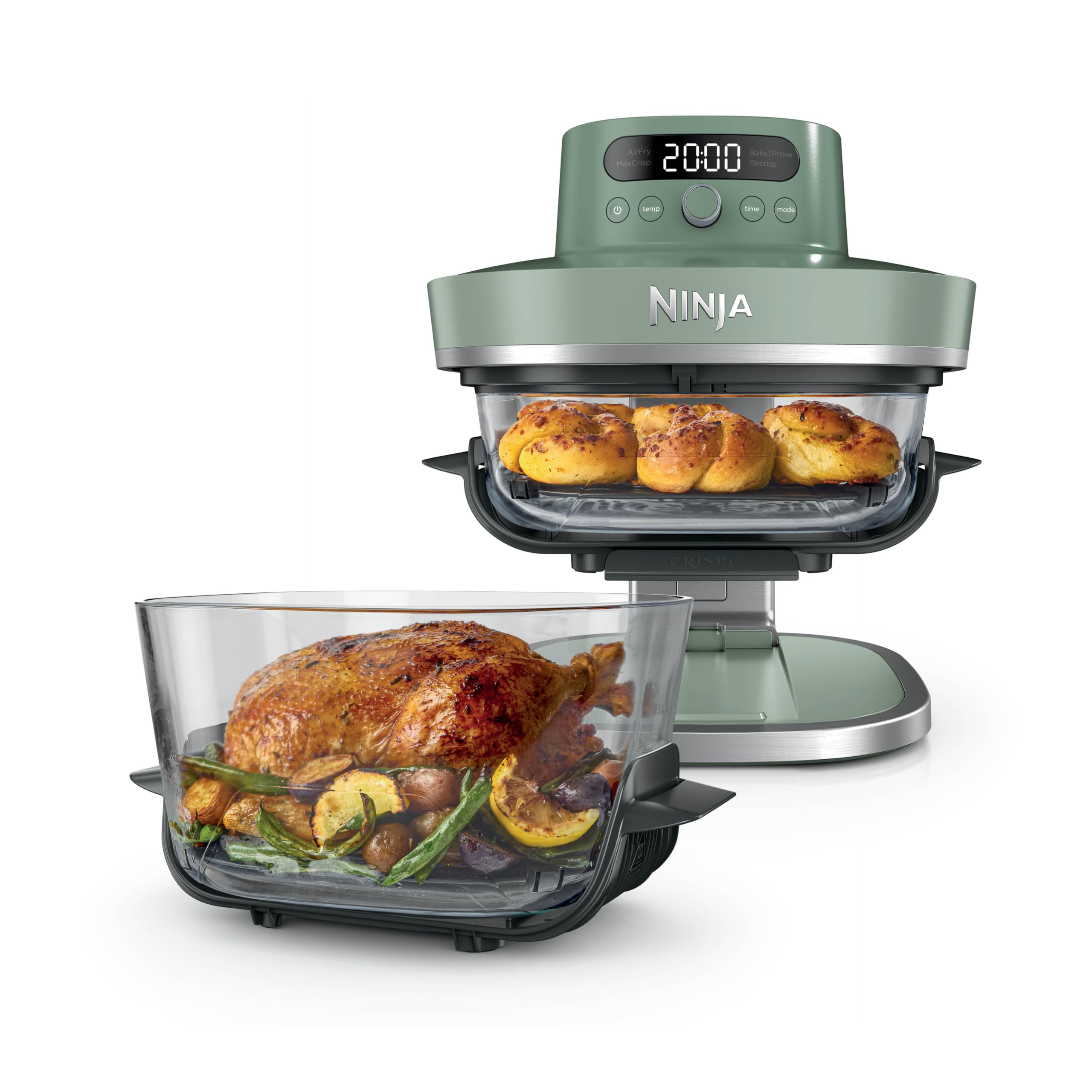 Ninja CRISPi PRO XL Glas-Heißluftfritteuse (Air-Fryer), 5 voreingestellte Zubereitungsfunktionen, CleanCrisp-Glasbehälter (5,7 l und 2,3 l) und Aufbewahrungsdeckel, Moosgrün AS090EUGN