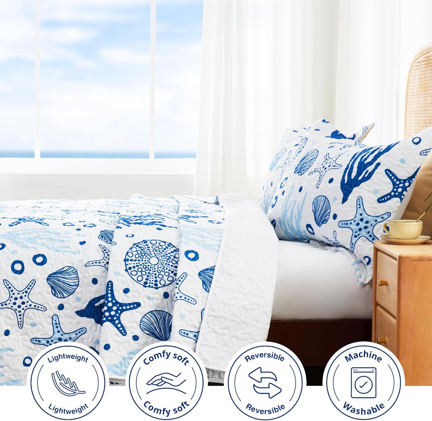 Love's cabin Quilts for Queen Coastal White Bedspreads Bedding Set - Summer Beach Nautical Quilt Lightweight Bedspread - Reversible Bedding Coverlet for All Season - 3 Piece (1 Quilt, 2 Pillow Shams) - Image 3