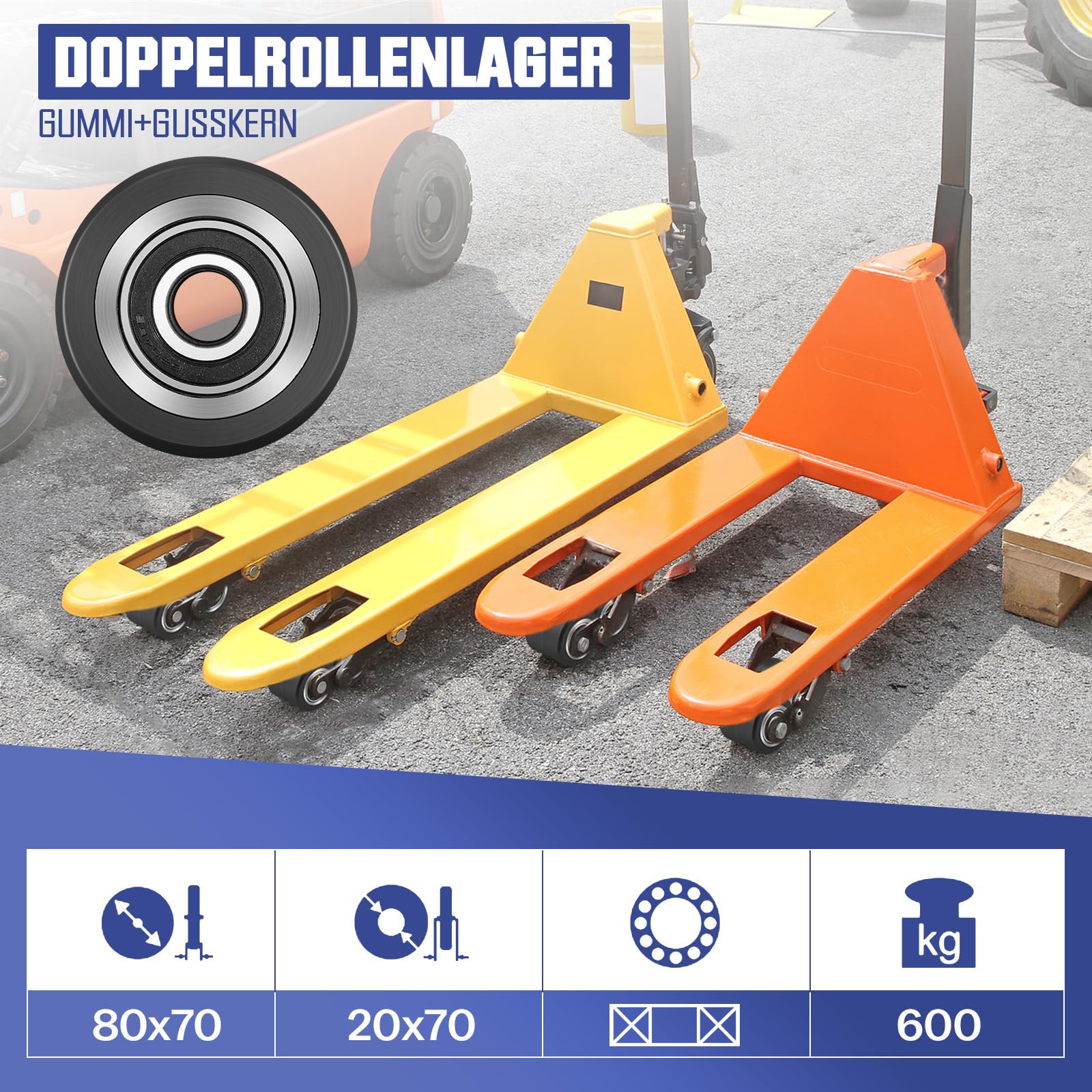 Lot de 4 roulettes en caoutchouc 80 x 70 mm, axe 20 mm avec roulement à billes pour transpalette, charge maximale : 600 kg