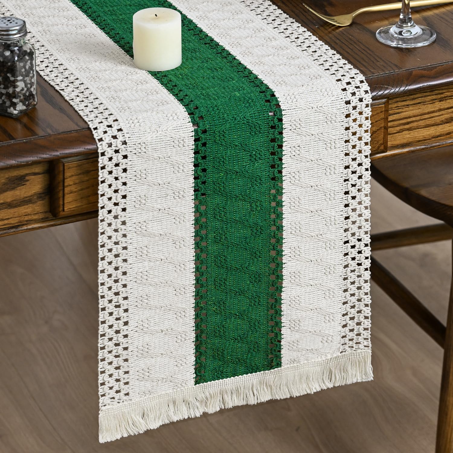 Artoid Mode Dark Green Farmhouse Rustic Tassel Table Runner 30x143 cm, Seasonal Holiday Hollow Kitchen Dining Table Decoration for Home Party Decor