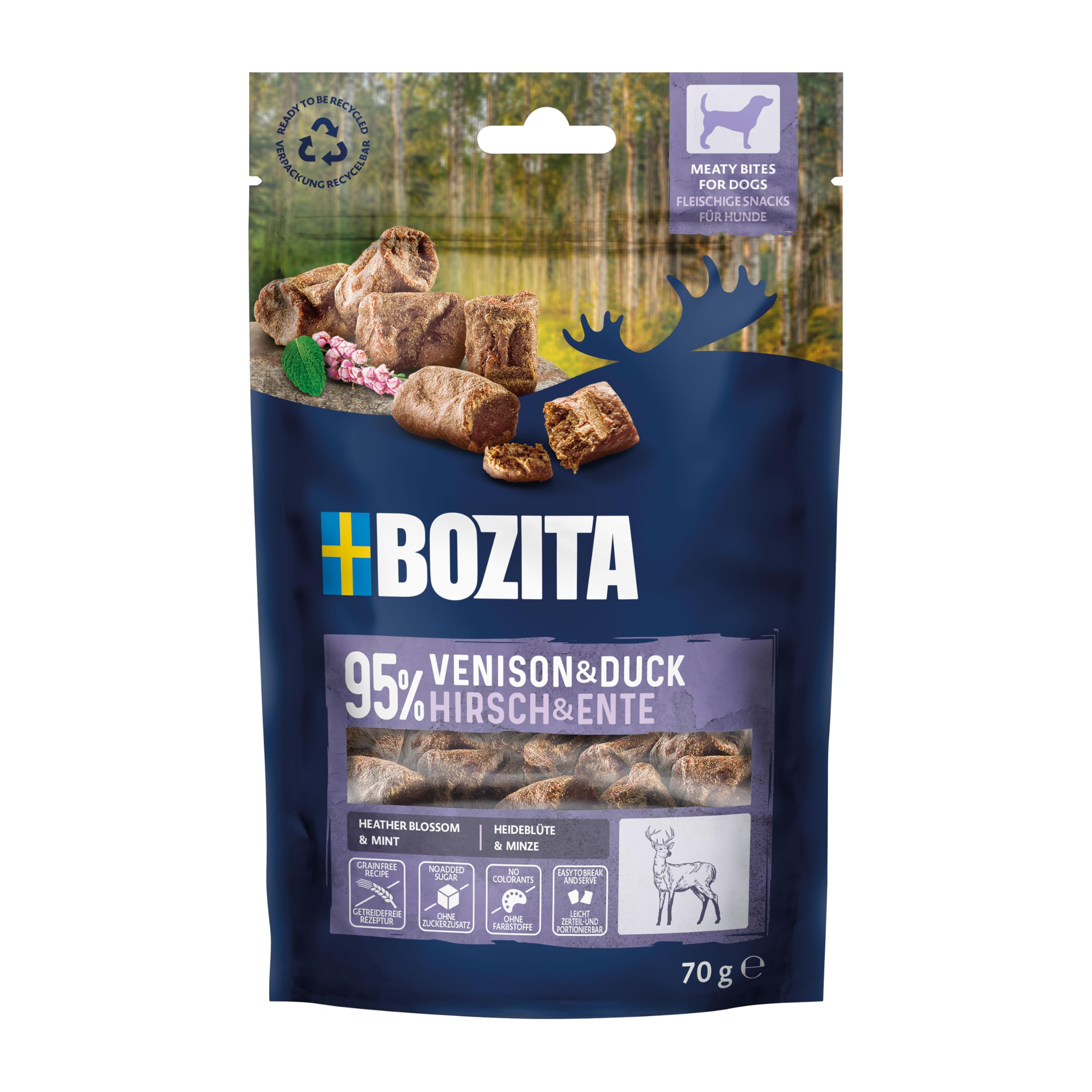 Bozita Meaty Bites Hundesnack mit 95% Hirsch & Ente – 70 g getreidefreie Hundeleckerlies ohne Huhn & Glyzerin – schmackhafte Dog Treats, ideal als Leckerli für Hunde beim Training & zur Belohnung