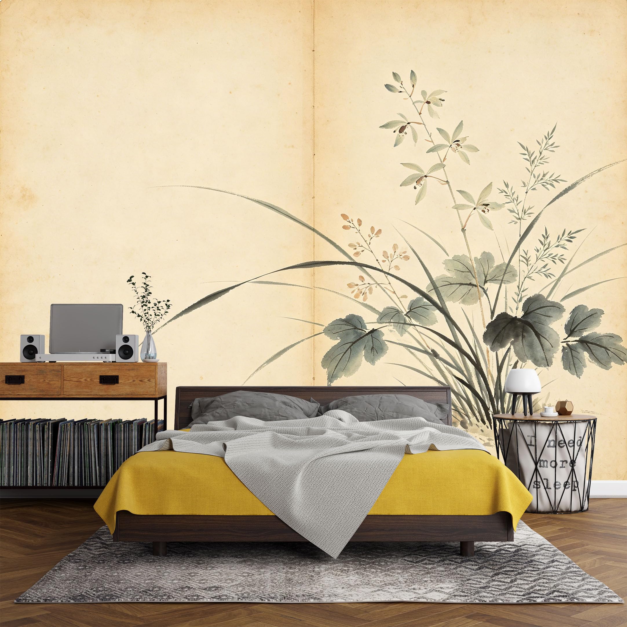 Custom Size Wall Mural， Botanical Watercolor Ink Orchid Bamboo Leaves Minimalist Asian Art，SelfAdhesive Art Prints wall Fabric (No PVC) Removable Wallpaper Living Room Decor