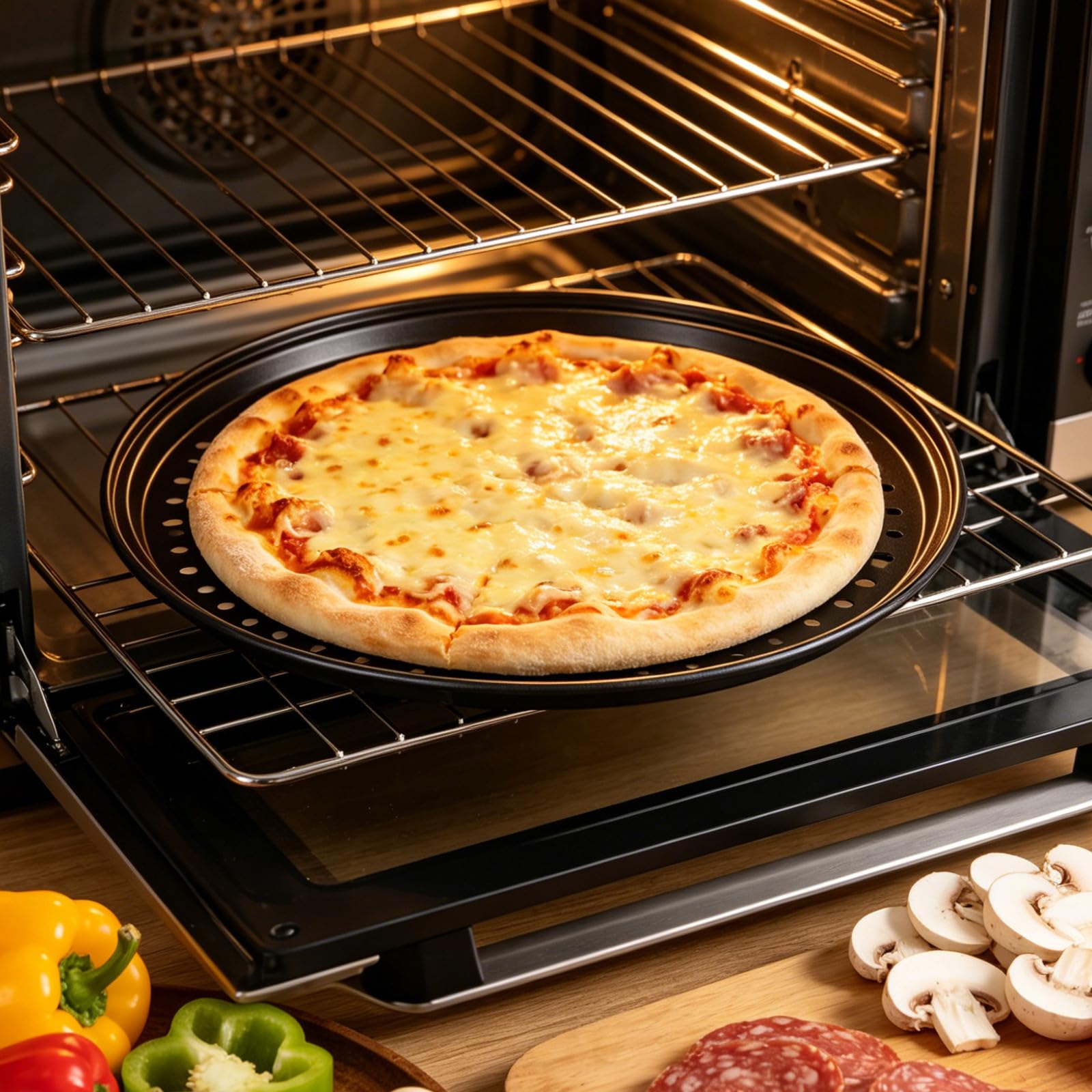 Mikikit Rundes Perforiertes Pizzablech aus Kohlenstoffstahl mit Löchern Antihaftbeschichtet für Gleichmäßige Hitzeverteilung in Restaurants und Heimküchen