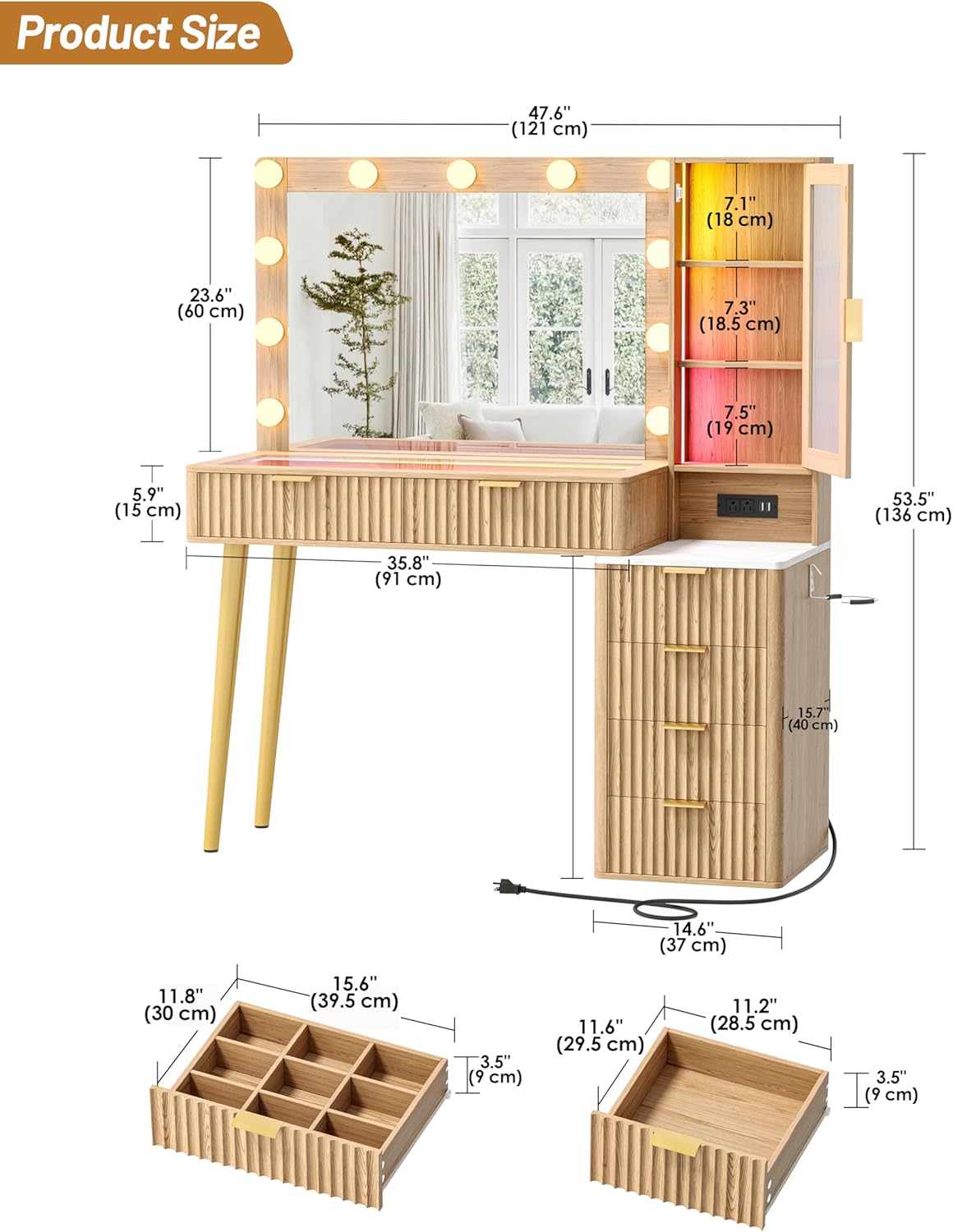 Vanity Desk with Mirror and Lights, Makeup Vanity with Power Outlet, 3 Color Adjustable Brightness, 6 Drawers Makeup Table with Glass Top, for Women and Girls, Bedroom