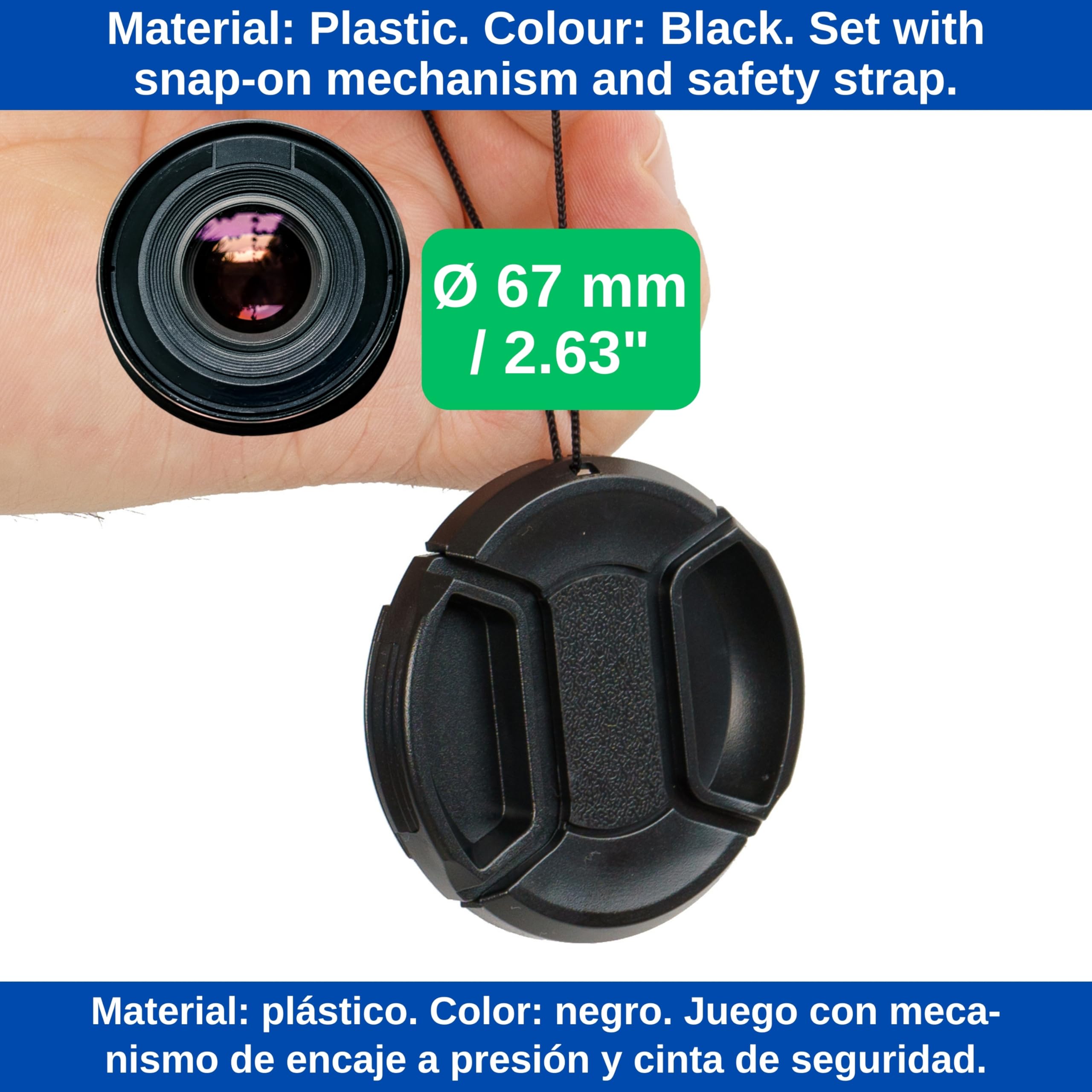Copriobiettivo fotocamera diametro Ø 67 mm, Cappuccio universale a scatto per fotocamera, Compatibile Nikon, Canon, Sony, Sigma, Tamron, Olympus, Fujifilm, Tappo macchina fotografica Canon reflex