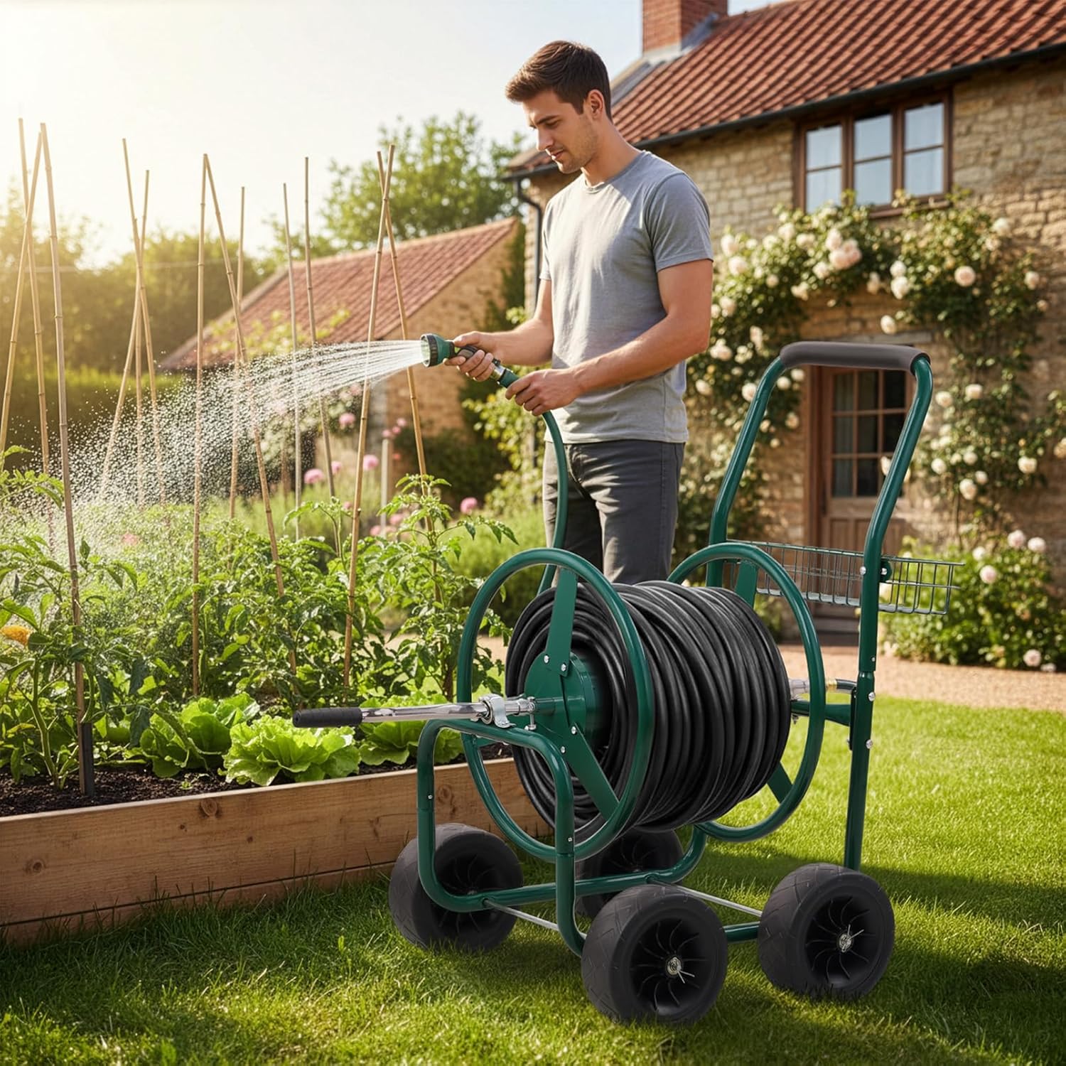 Garden Hose Reel Cart with 4 Wheels and Storage Basket, Hold Up to 250 ft Hose, Outdoor Metal Heavy Duty Yard Water Planting Mobile Tools Holder for Lawn & Backyard (Green)