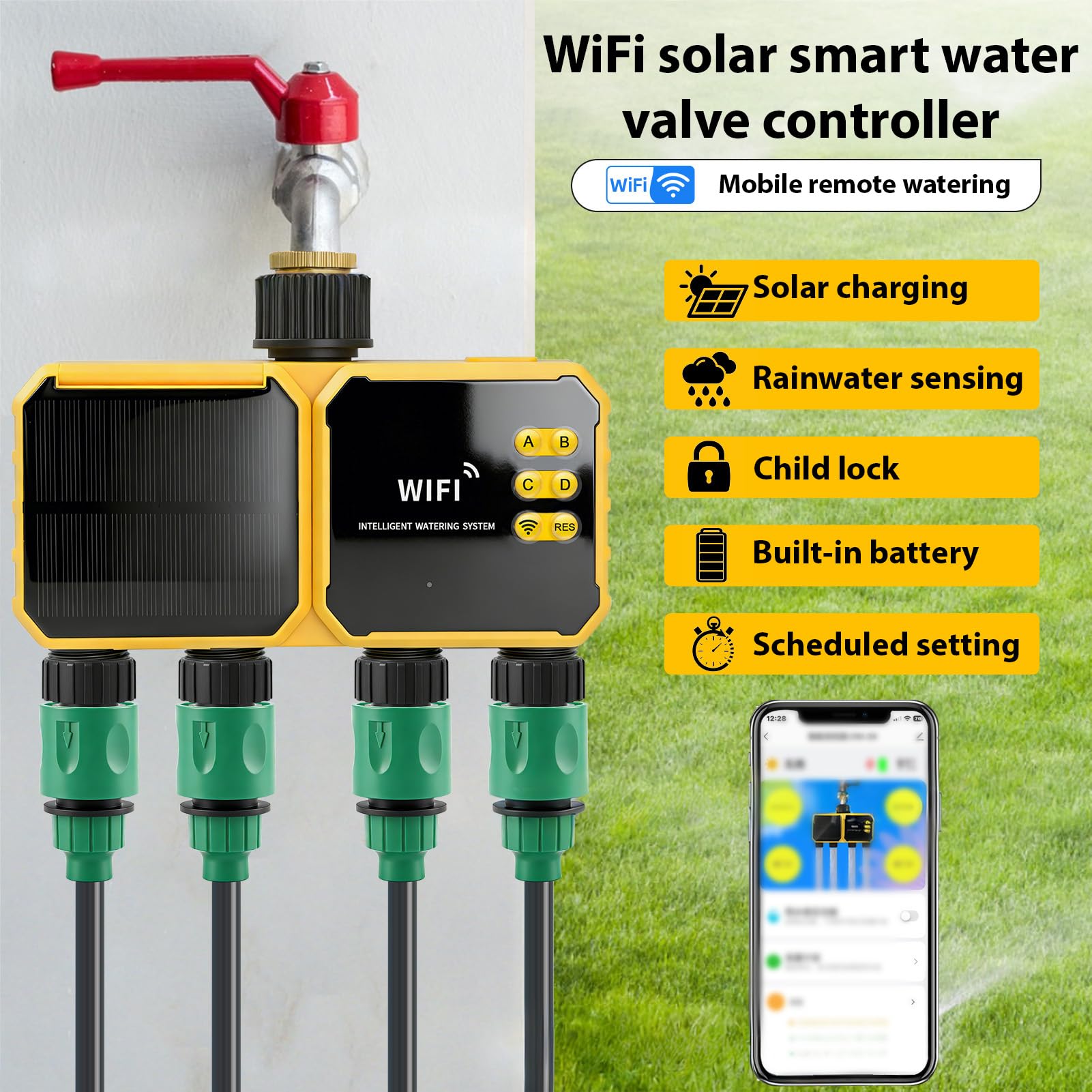 Timer per Irrigazione Intelligente WiFi Regolatore per Valvola Solare Dell'acqua Controllo APP Sensore Pioggia di Irrigazione da Giardino a 4 Zone Ricaricabile per Patio Esterno