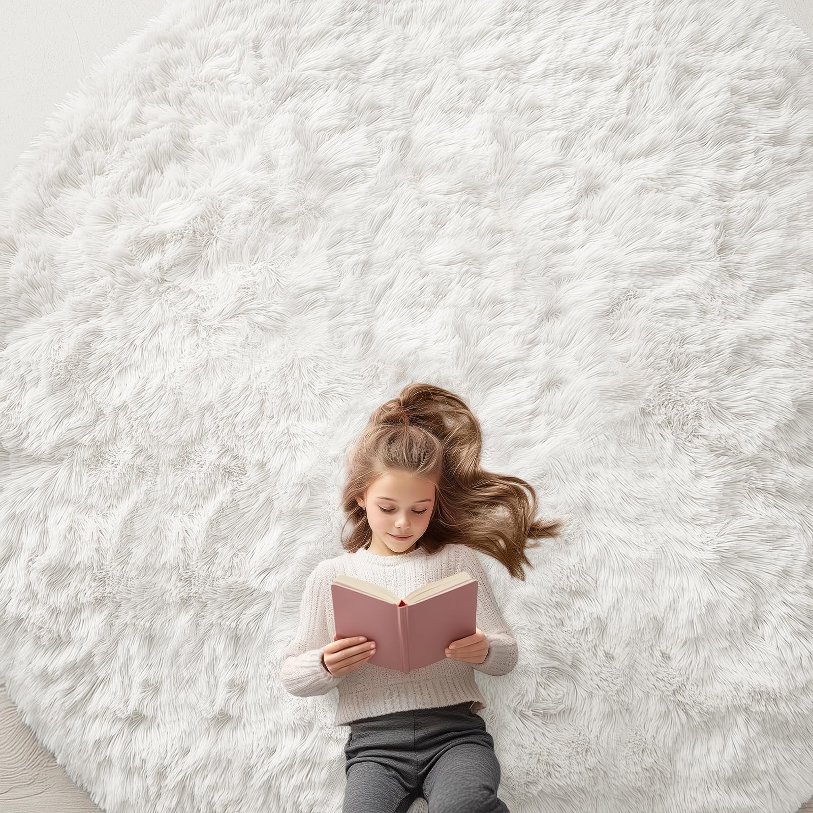 OLANLY Ivory Round Rugs for Bedroom - Machine Washable, 9 ft Circle Area Rugs for Living Room, Soft and Fluffy Shaggy Carpet for Teen Girls and Boys,
