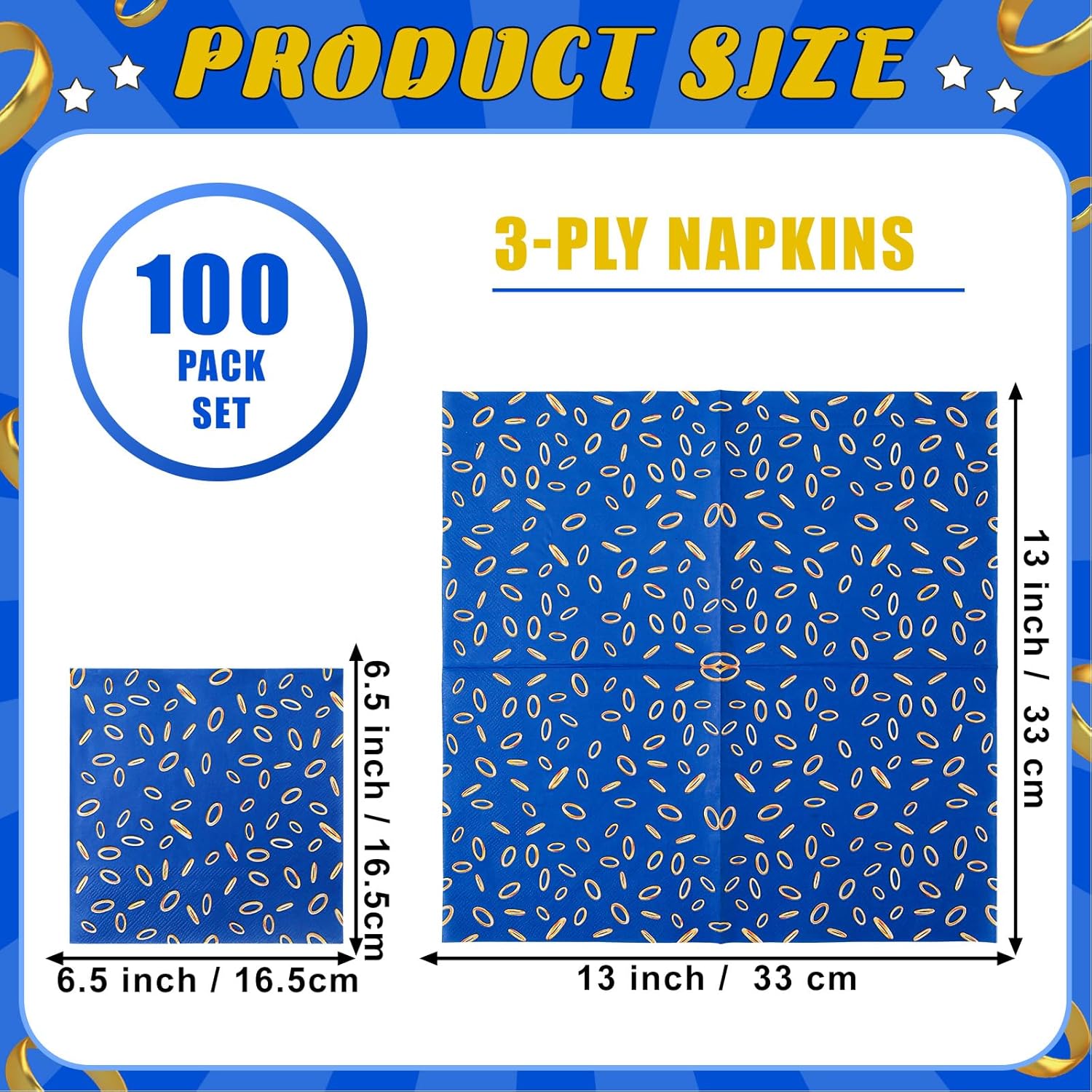 Honoson 100 Pack Blue with Gold Ring Print Napkins 13 x 13 Inch Disposable 3-ply Paper Napkins for Video Game Themed Kids Birthday Baby Shower Wedding Party Tableware Supplies