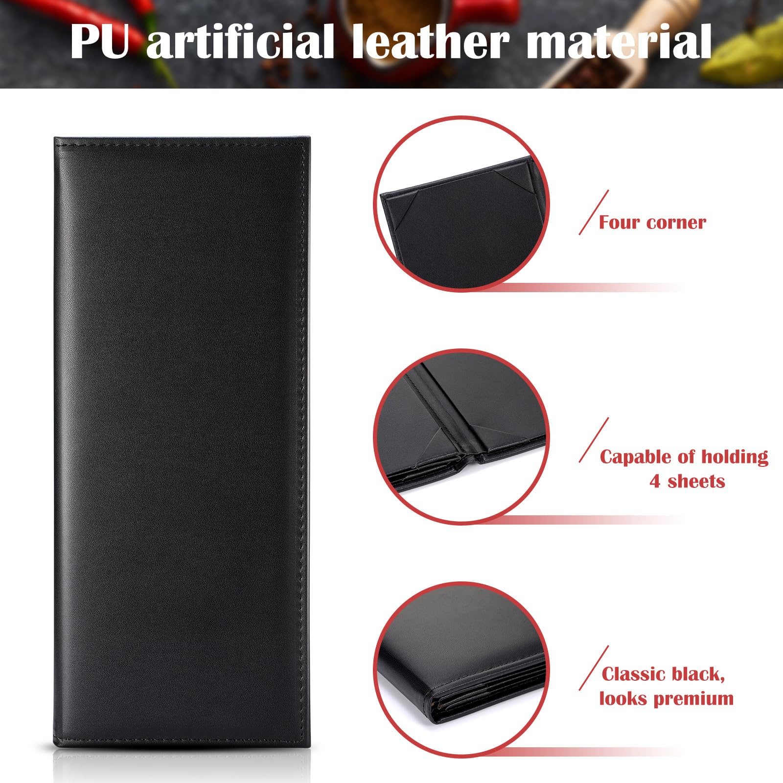 Jexine Cubiertas de menú negras impermeables para restaurante, cafetería, bar, piel sintética, 4 vistas, libro de menús plegable con esquinas en ángulo para bebidas de vino, cafeterías, lista, juego