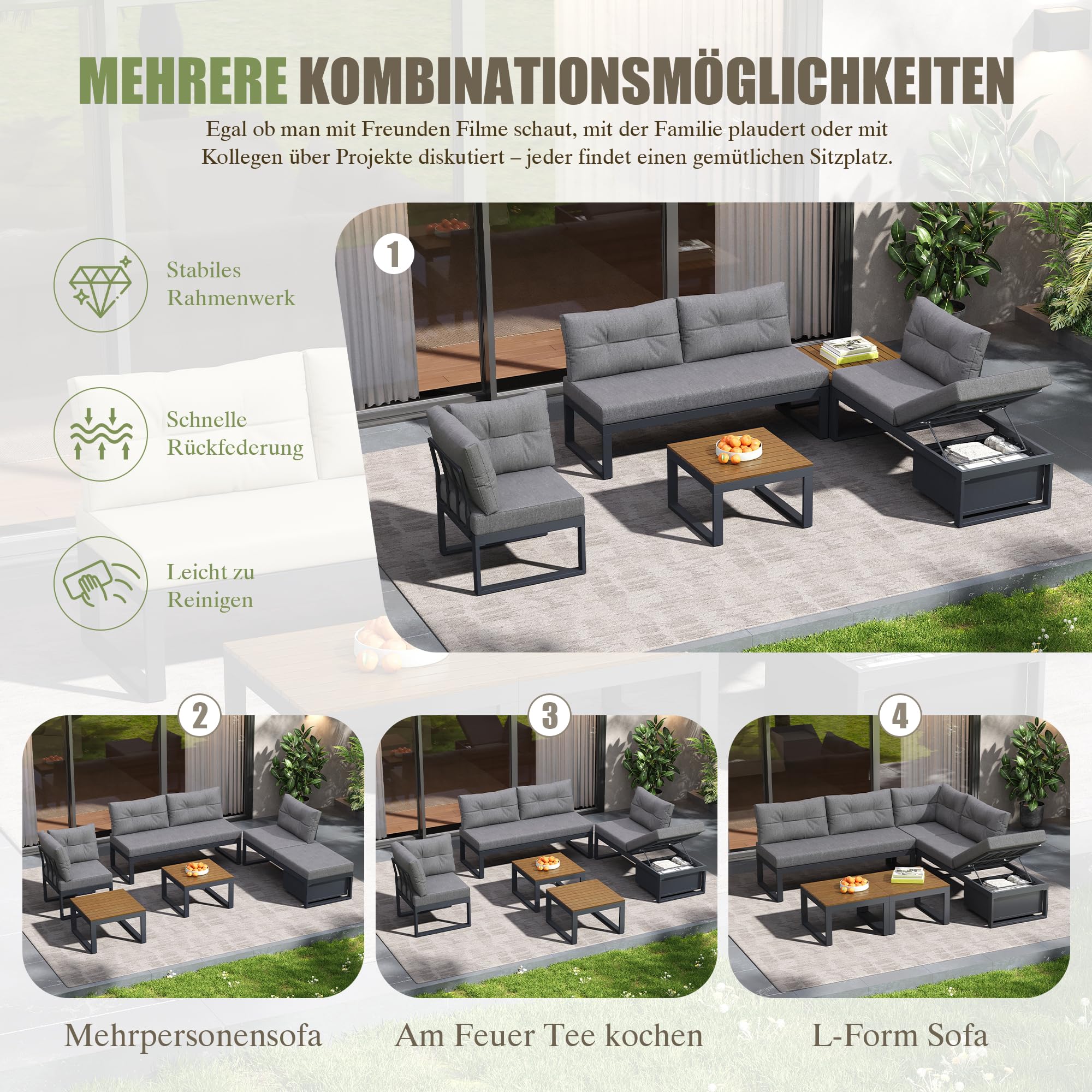 Set di mobili da giardino,Divano da giardino da esterno con schienale regolabile su 3 livelli,Divano con spazio di archiviazione e funzione di inclinazione,Adatto per terrazzi e giardini,Grigio