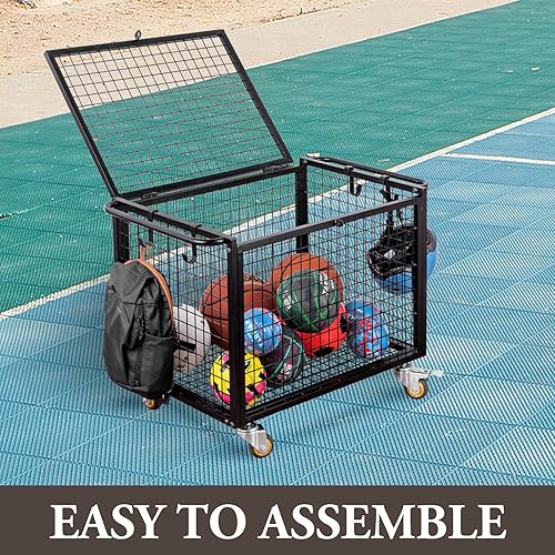 Miniatura 5 de MyGift Carrito de almacenamiento de pelotas deportivas de metal negro para parque infantil, Dodge Ball, baloncesto, pelota de fútbol, canasta de