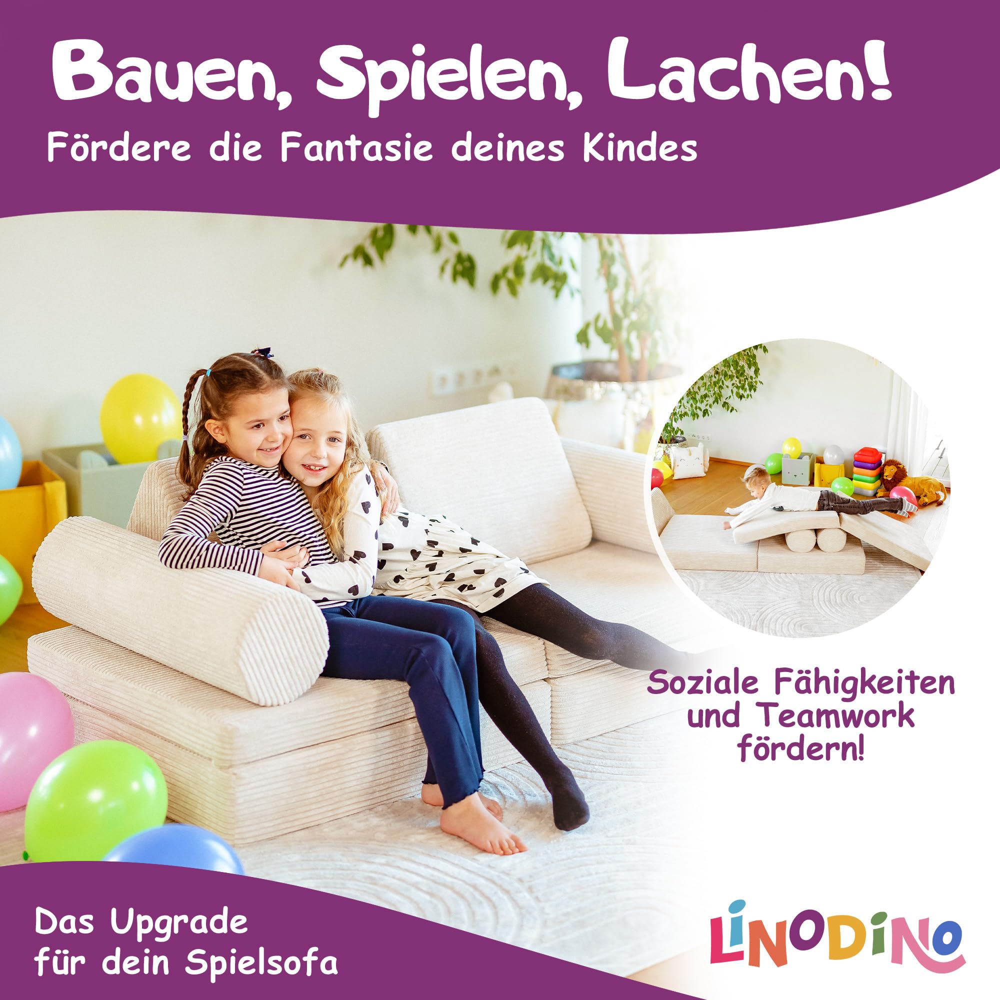 Linodino® Kuschelrollen – Spielsofa Add-ons im 2er-Set | Erweiterungs-Bauteile als Armlehnen, Rollelemente oder kreatives Bauteil für das Kinderzimmer I Delfingrau