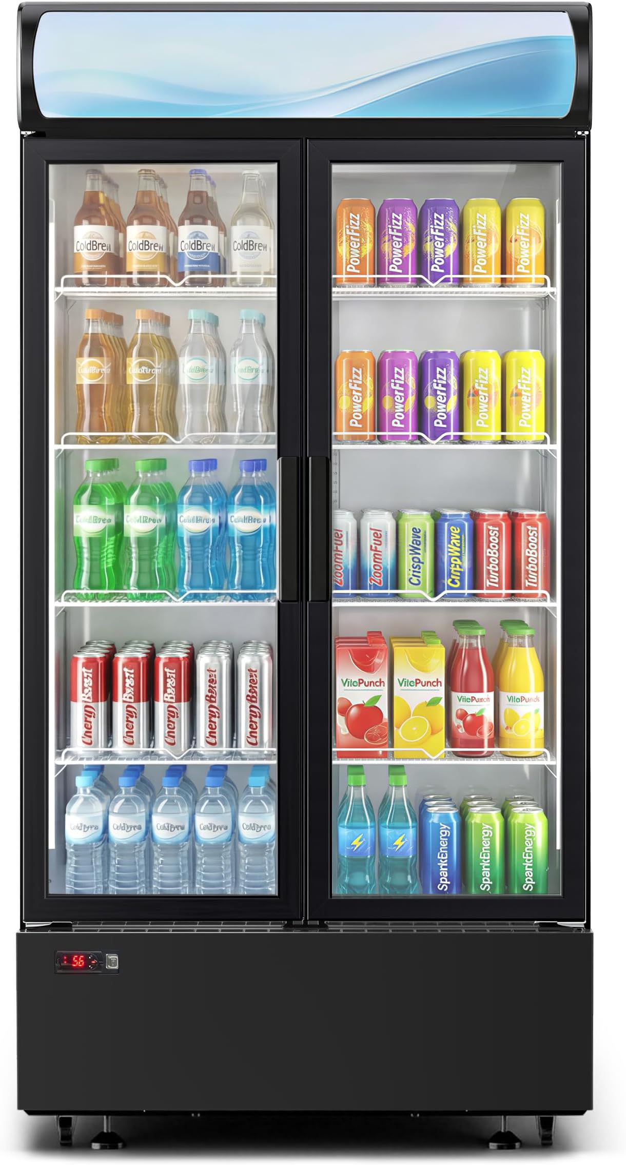 - 20 cu.ft Commercial Refrigerator, Beverage Cooler with Interior Lighting, 2 Glass Door Drink Display Fridge with Adjustable Shelves, 32-50°F Temperature Control ETL Certified
