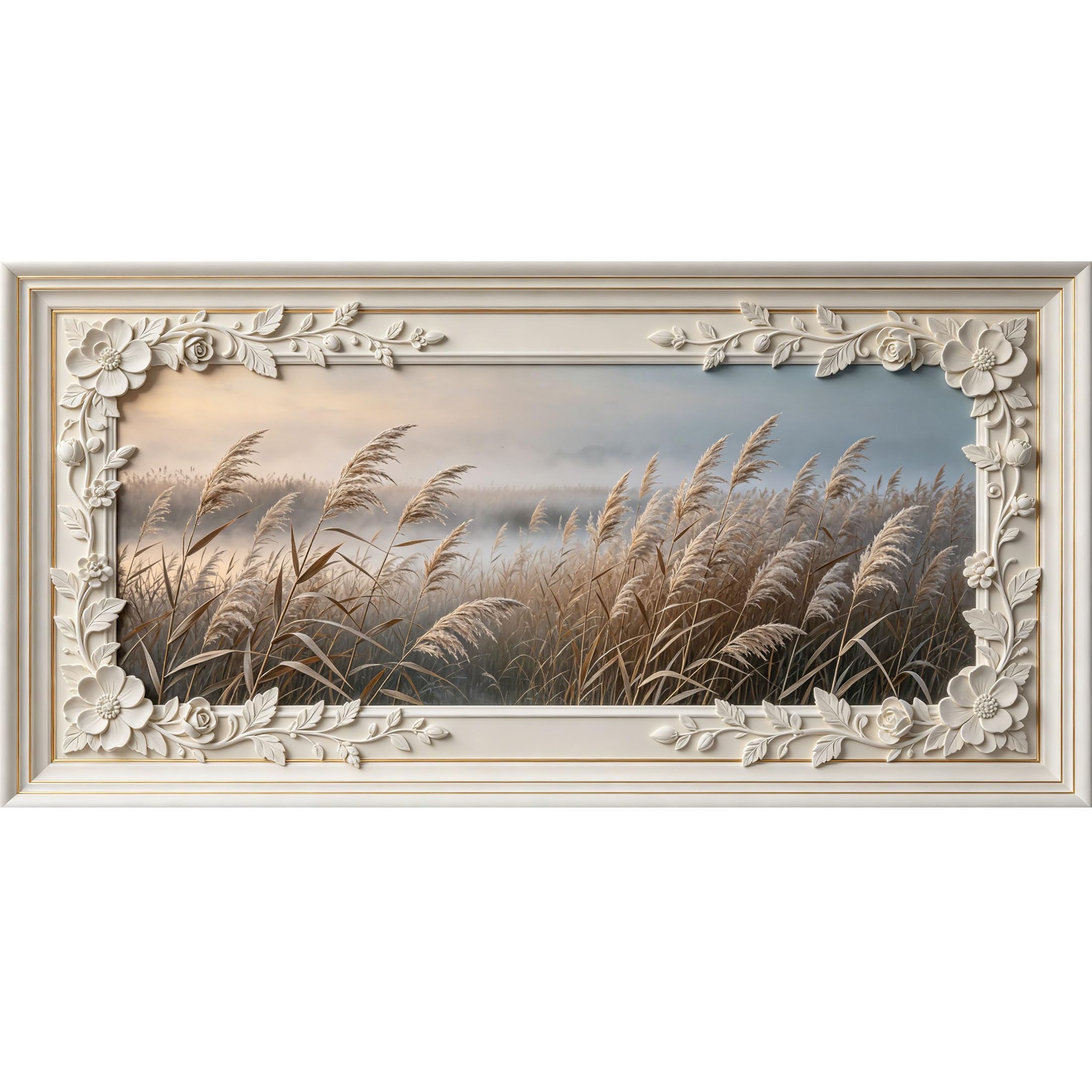 Agglomerix 3D Framed Wall Art Reeds Landscape Misty Lake Botanical Textured Floral Relief Large Size SelfAdhesive Removable Wall Decor Prints Artwork for Living Room Bedroom Office