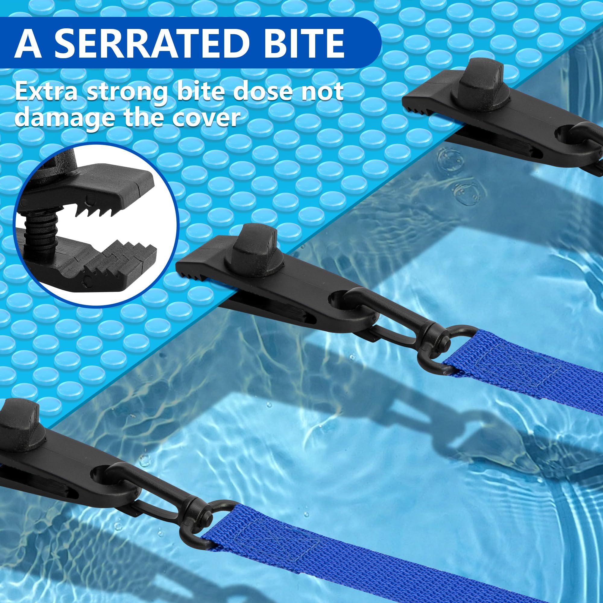Enrouleur de piscine - Bandes de maintien - Lot de 8 bandes de fixation et pinces - Accessoires pour système d'enroulement mobile - Film solaire mobile pour bâches de piscine (bleu)