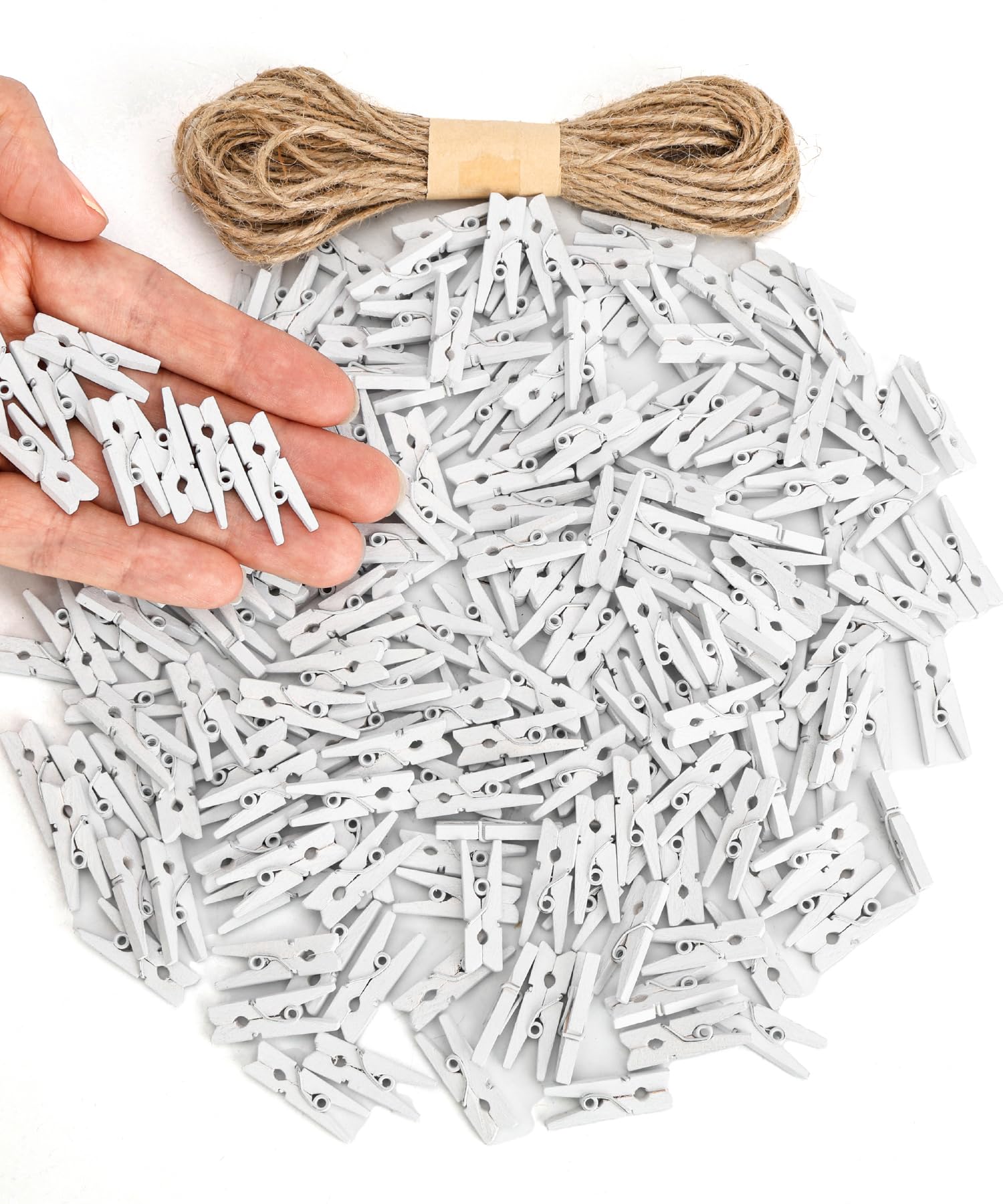 Mr. Pen- Mini Wooden Clothes Pins for Photo, 1 Inch, 200 Pack, White Small Clothespins with 10 Meter Jute Twine for Scrapbooking, Labeling Plants, Gift Tags, Tiny Crafts, Photo Display, Decoration White 1 inch, 200 pcs