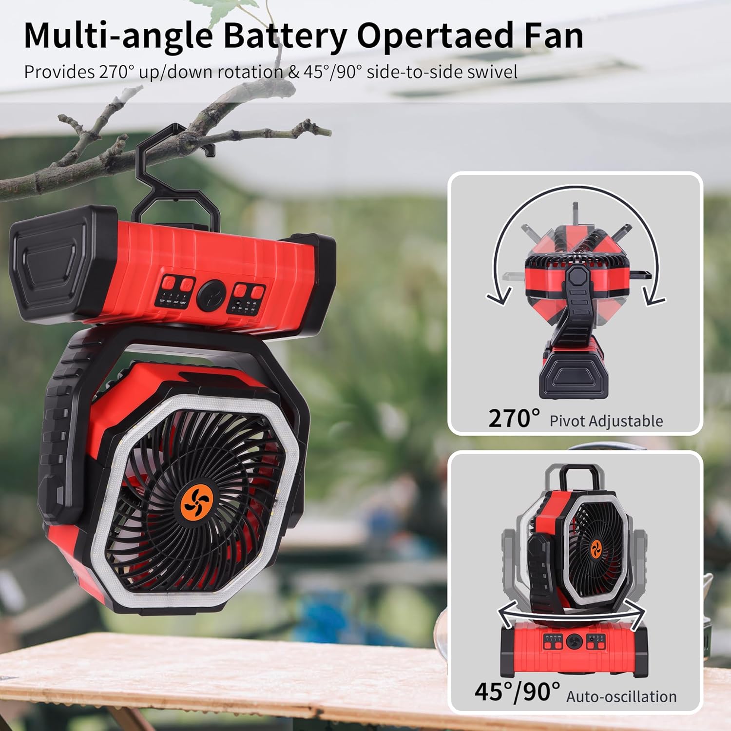 Battery Powered Fan Portable,20000mAh Rechargeable Camping Fan with LED Lantern,Auto-Oscillating USB Personal Battery Operated Fans Portable for Tens & Hanging Hook (Red) - Image 3