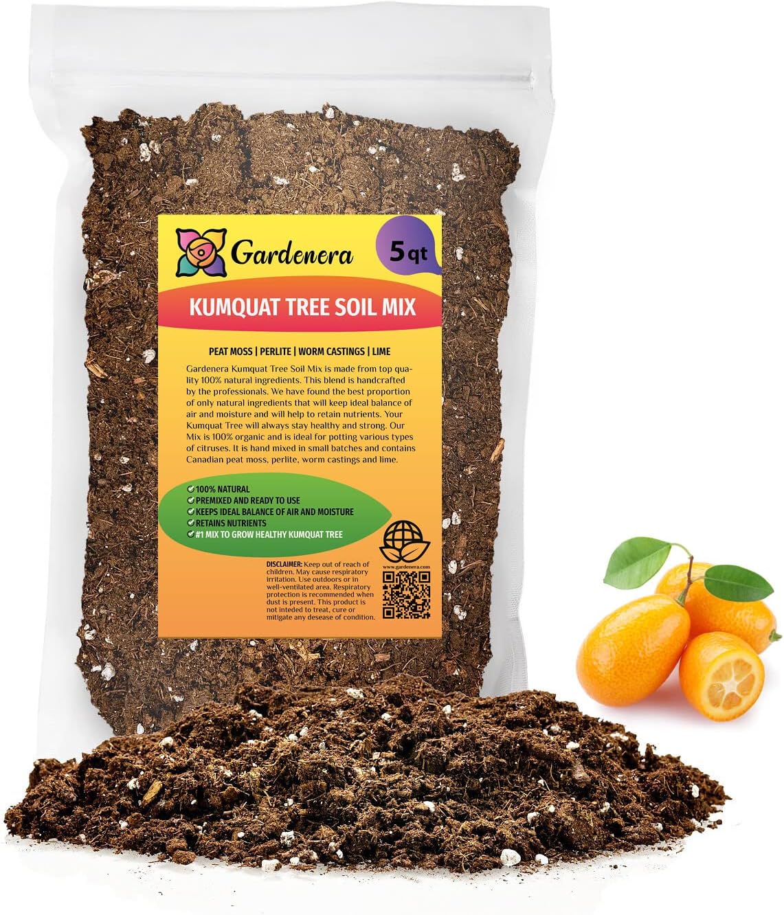 Gardenera's Premium Kumquat Soil Mix - Quick Drain Potting Soil for Growing and Repotting Citrus Japonica - 5 Quart