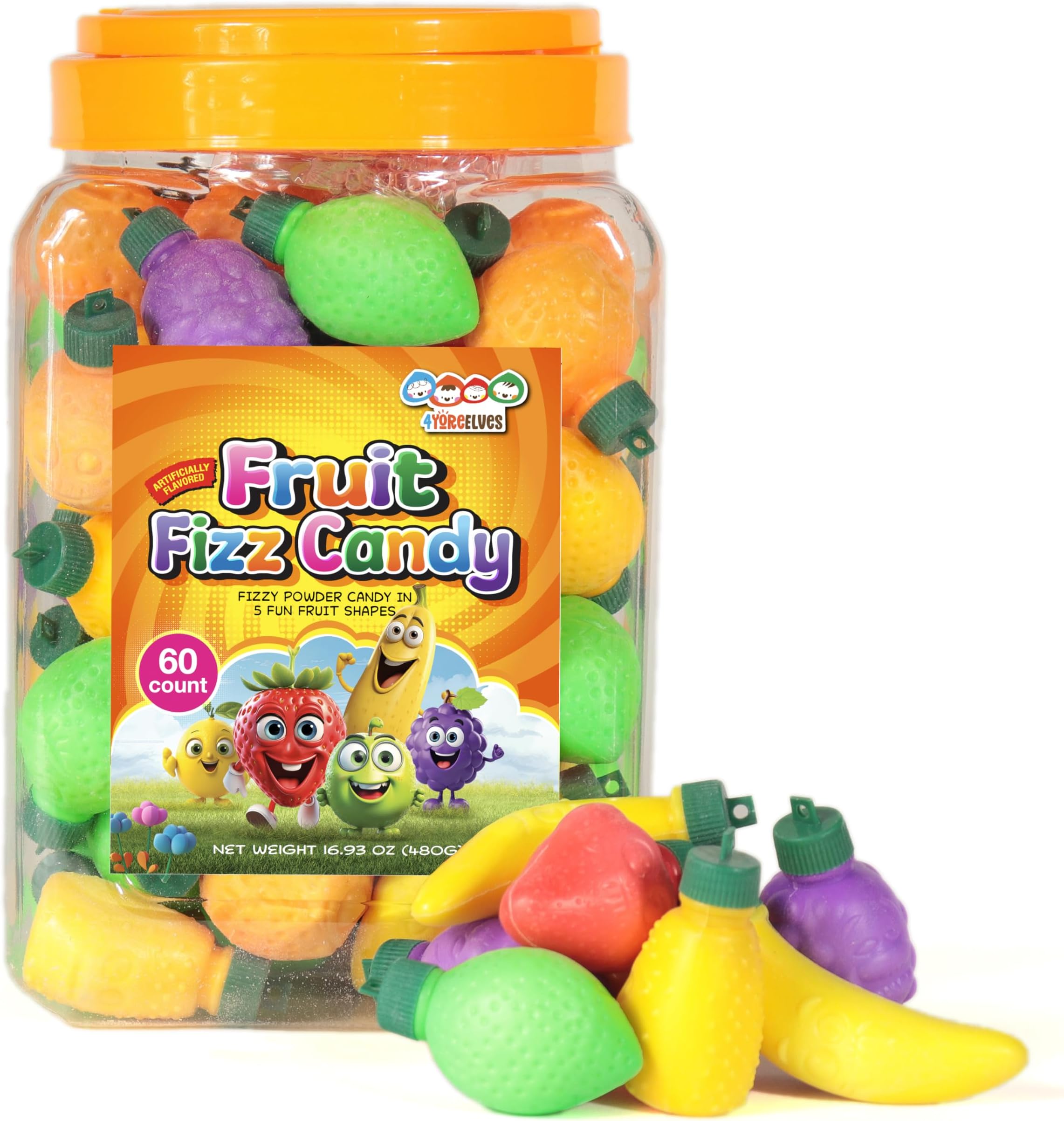 4YoreElves 60 Pack Plastic Fruit Filled with Powder Candy - Fruit Shaped Powder-Filled Candy, Novelty Fruit Candy, Retro Candy [60x 8g]