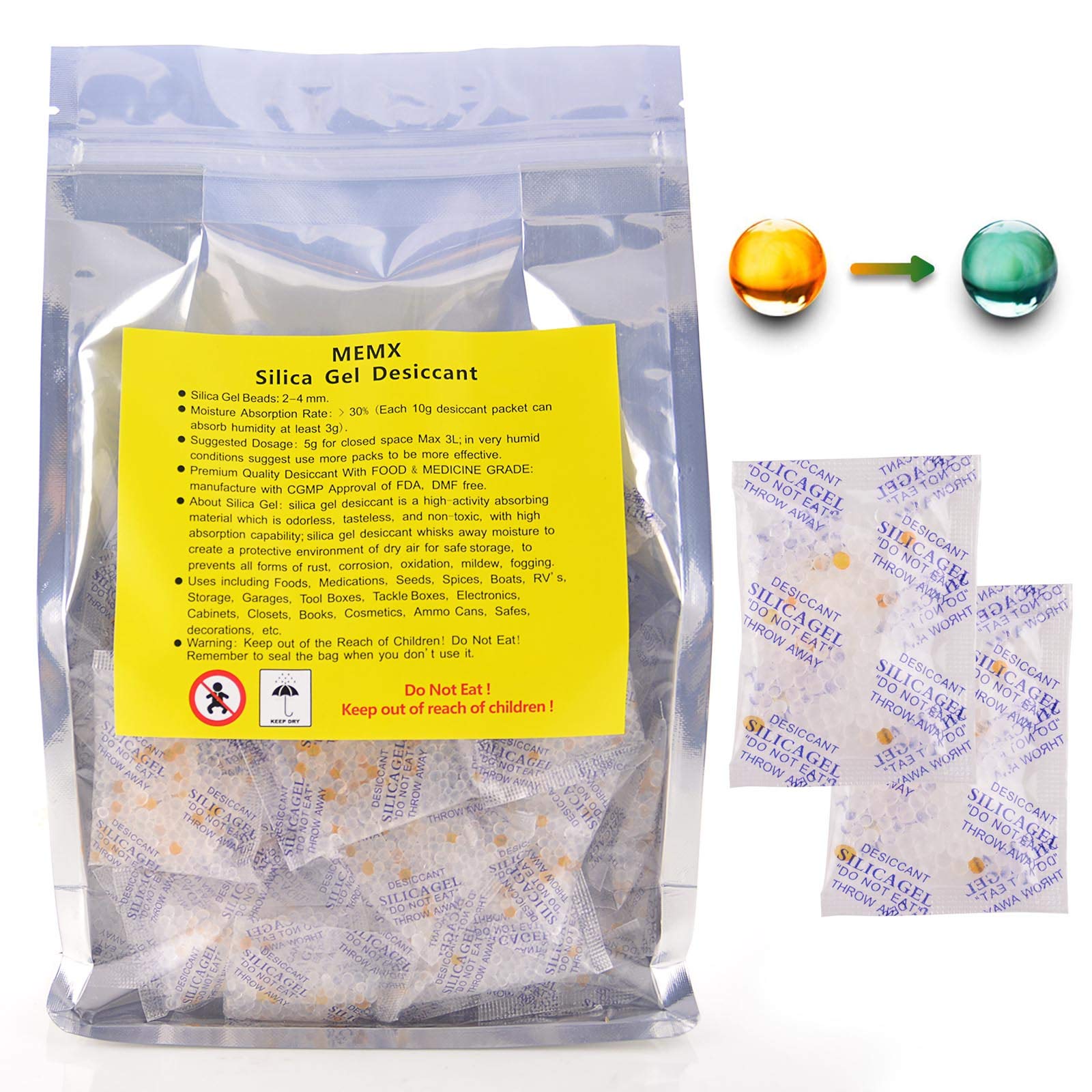 MEMX Silica Gel Desiccants Packets Dehumidifiers Fast Reactivate Food Grade Moisture Absorber Bags with Indicating Beads for Closet Gun Safes Basement Storage.(100 Packs, 5 Gram)