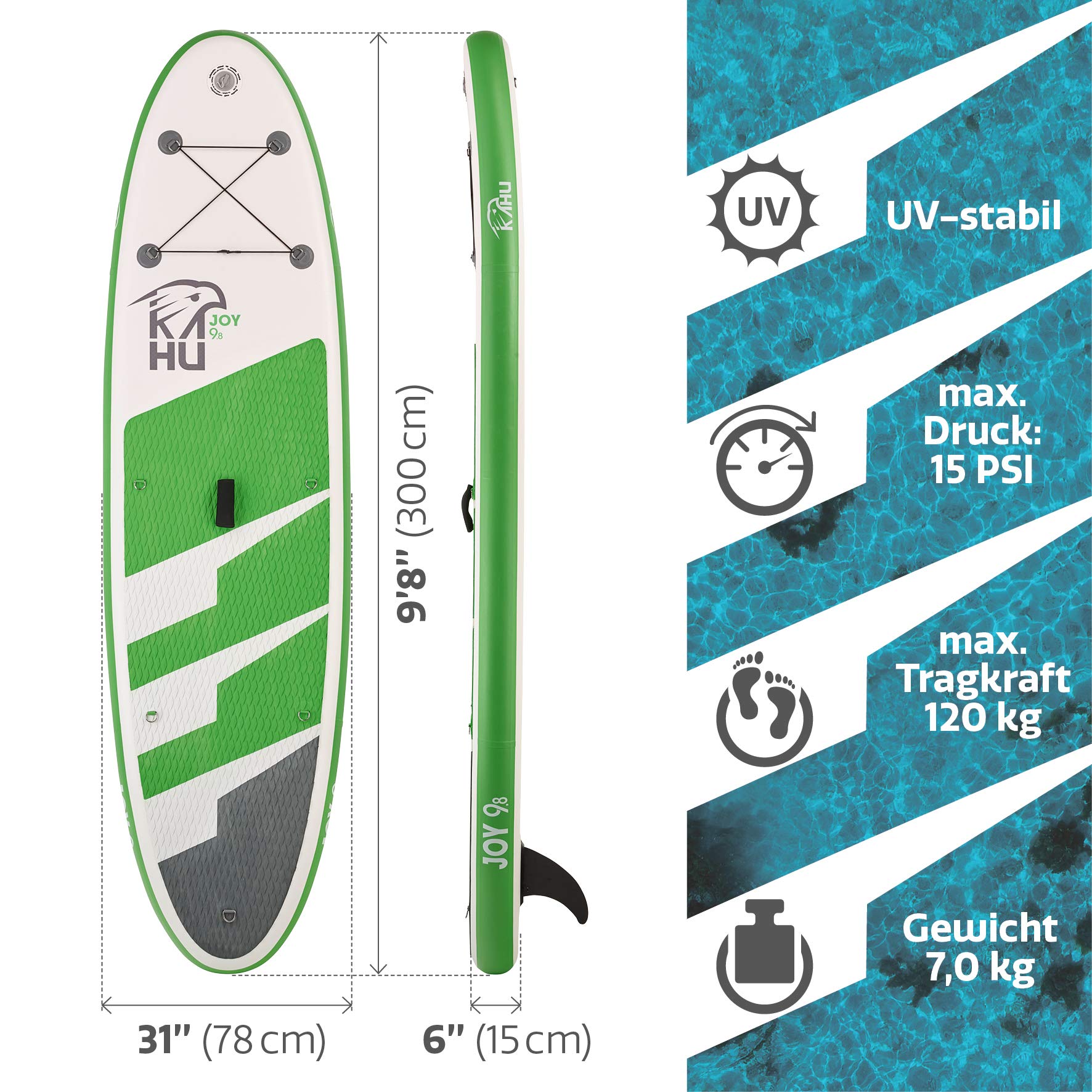 KAHU® Joy 9’8’’ Stand up Paddling Board – aufblasbares iSUP Board komplett Set inkl. Alu-Paddel und Pumpe - Allroundboard für Einsteiger – 15cm Dick – 120kg Traglast – Kajak Sitz als Zubehör – Grün