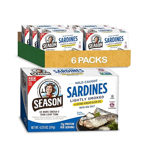 Season Sardinas en aceite de oliva virgen extra  capturado en la naturaleza, ligeramente ahumado, 0.81 oz de proteína, aperitivos Keto, más Omega 3