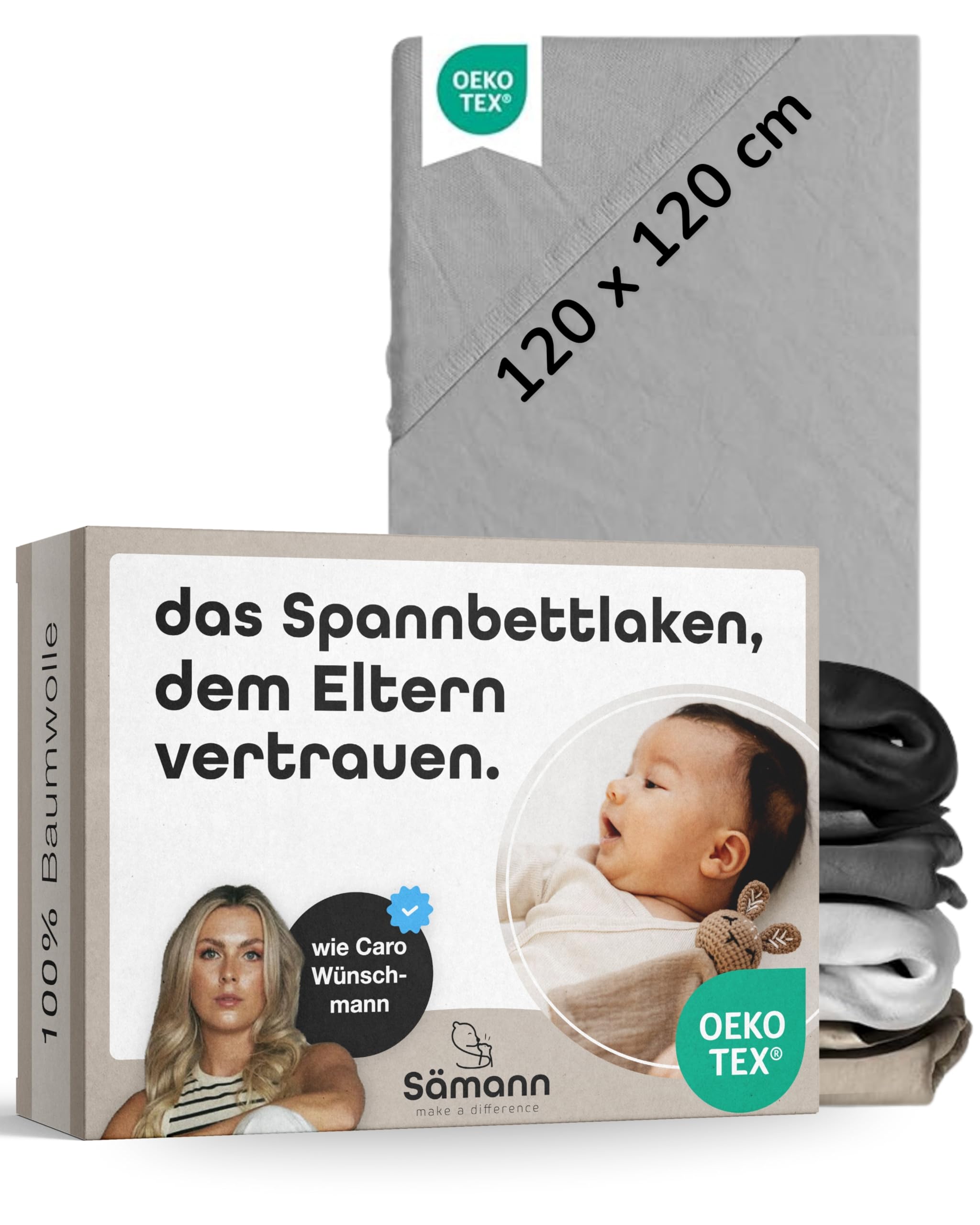 Sämann Jersey Spannbettlaken Spannbetttuch für Laufgitter 120x120 cm, Baumwolle grau