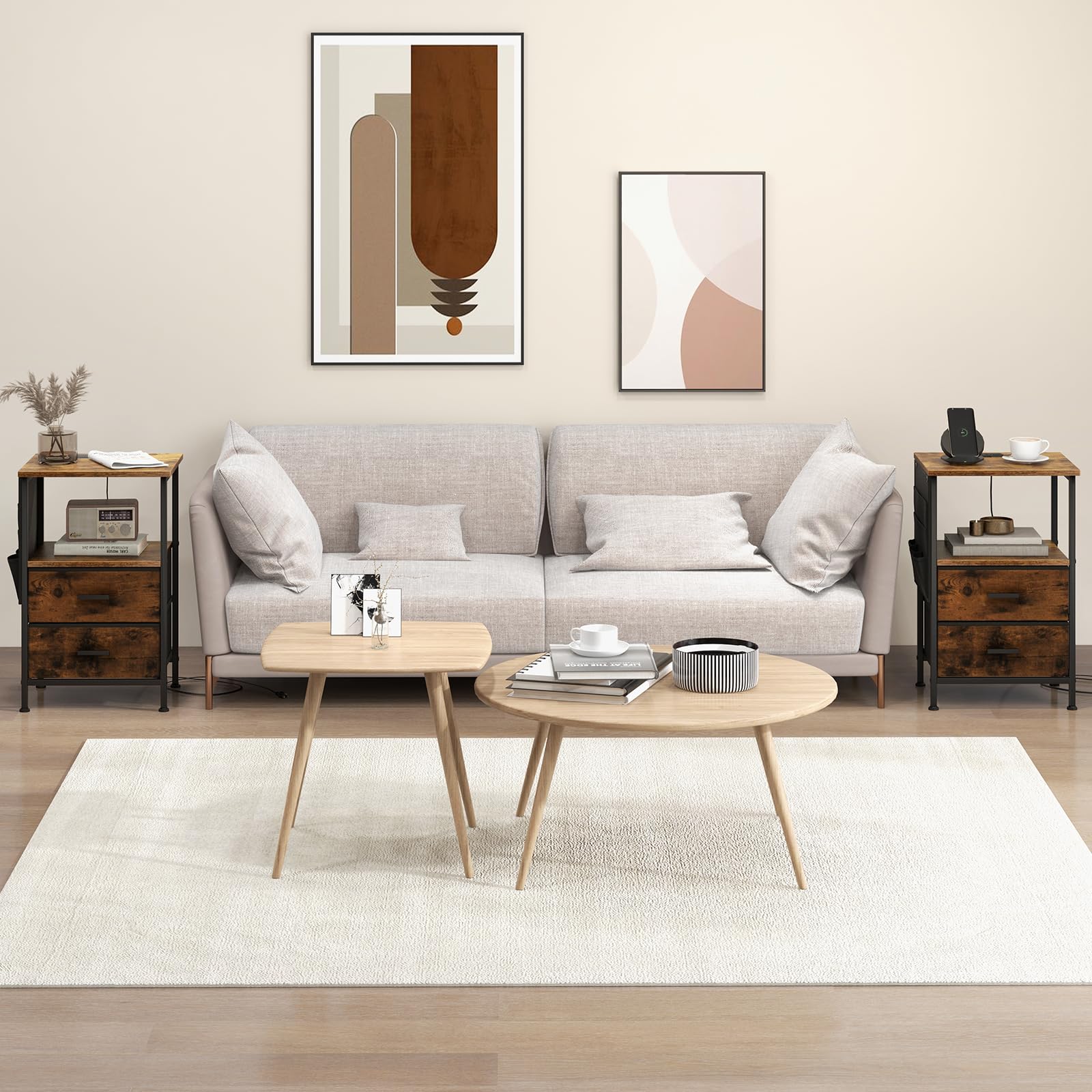 COSTWAY Stolik nocny 2 sztuki z 2 szufladami gniazdko elektryczne USB drewniany 38x30x60 cm rustykalny brąz