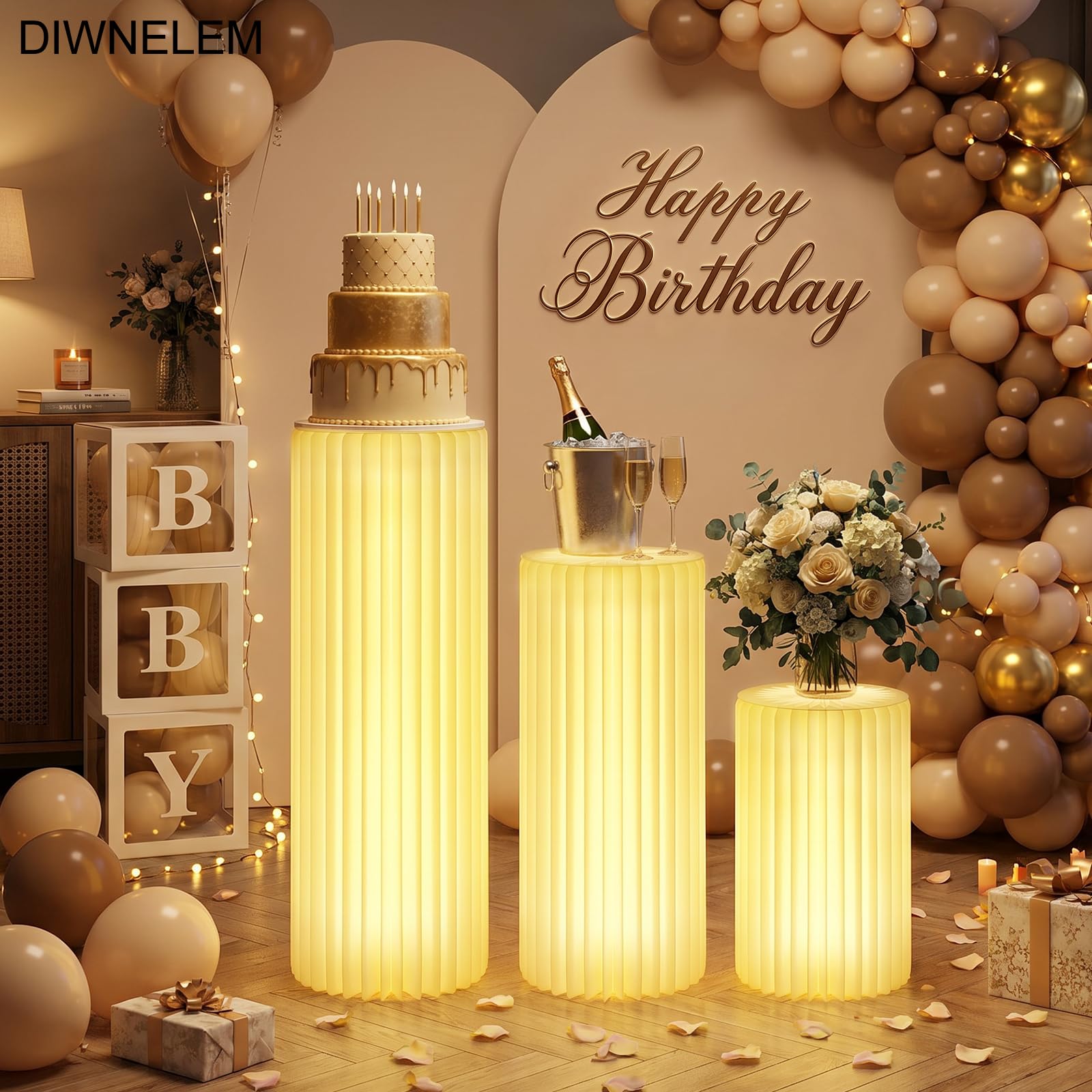 3 supporti cilindrici con luce per feste con piedistallo rotondo leggero supporto cilindrico piedistallo pieghevole in cartone colonne cilindriche tavoli per baby shower compleanno matrimonio